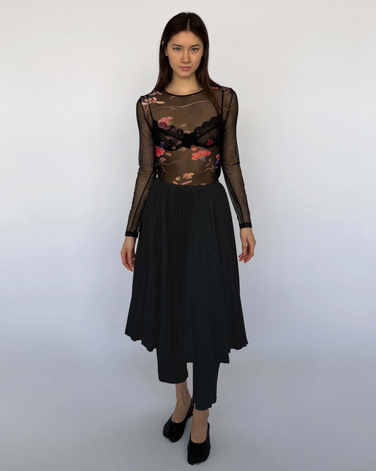 Comme des Garçon Black Wool Pleated Skirt on model
