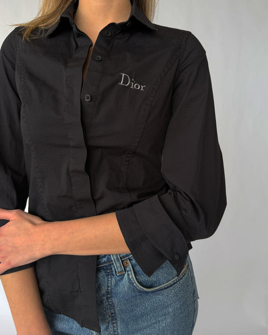 Detail view of Dior embroidered logo on vintage button up
