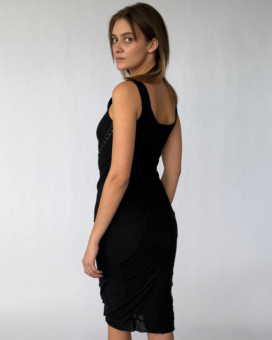 Back view of vintage Dolce & Gabbana mesh dress with hook and eye detail