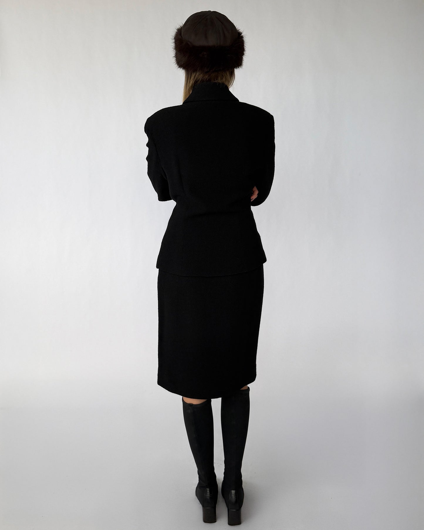 Back view of vintage Donna Karan wool skirt suit set