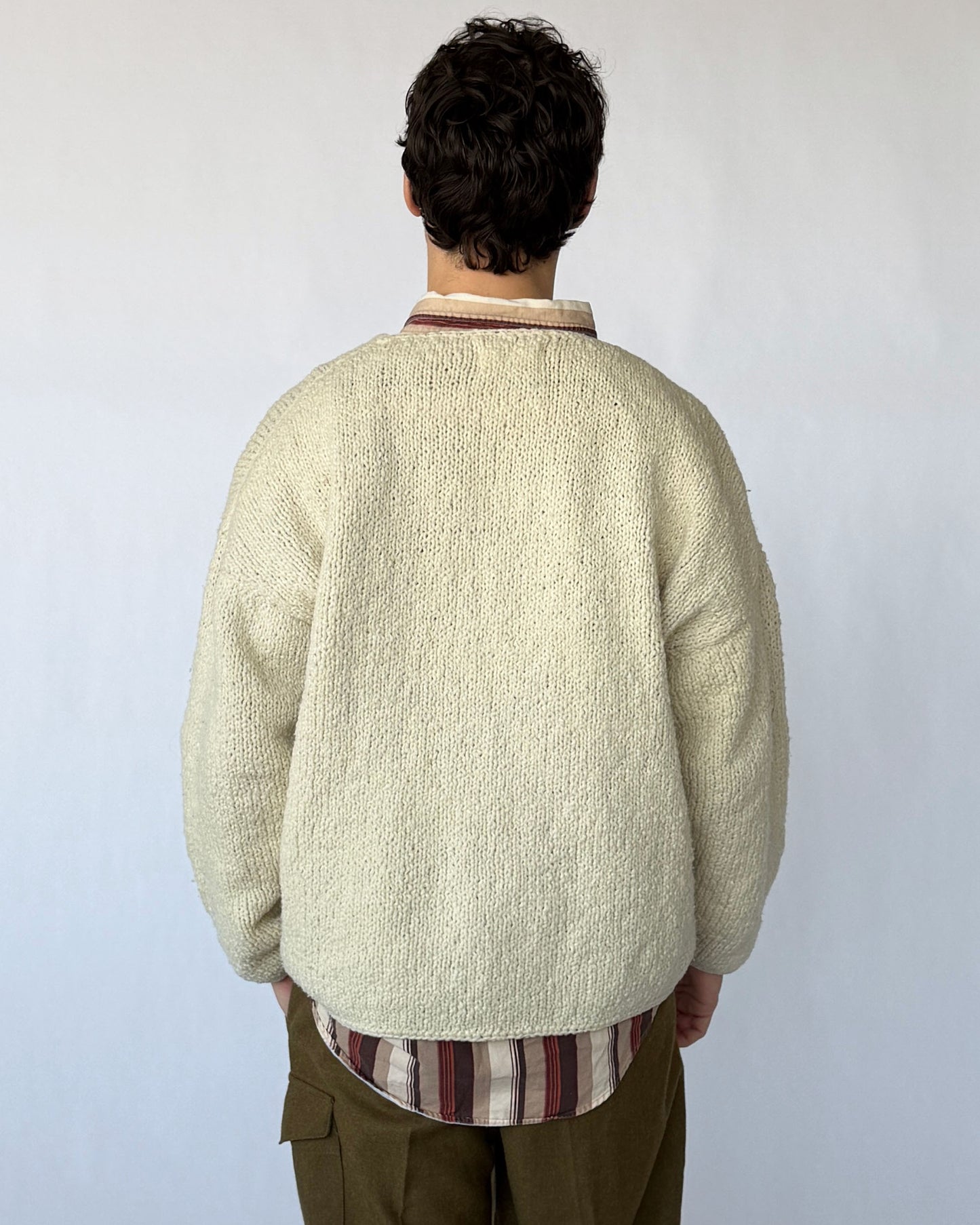 Back view of vintage Frantic white lambswool sweater with bamboo buttons