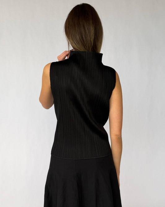 Back view of Issey Miyake Pleats Please black sleeveless blouse