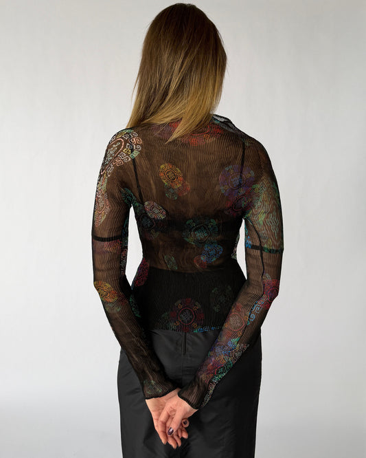 Back view of Issey Miyake Fete Collection long-sleeve mock-neck blouse