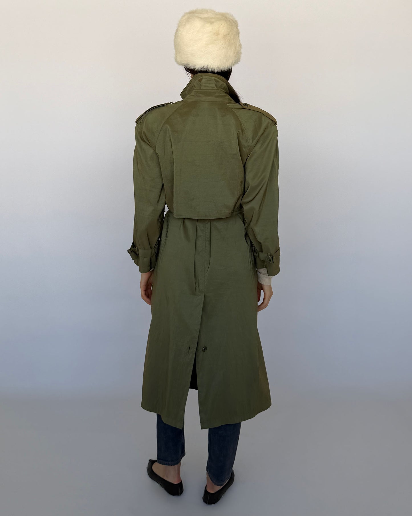 Back view of Jones New York iridescent green belted trench coat