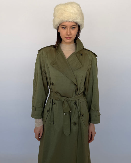 Jones New York iridescent green belted trench coat on model