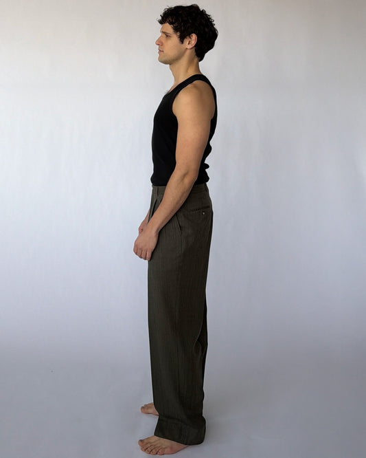 Side view of Vintage Men's Grey Wool Pleated Trousers