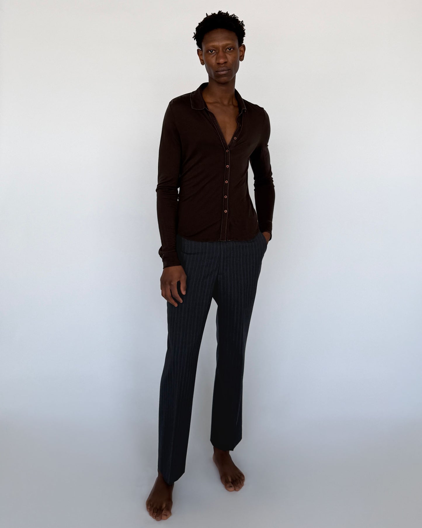 Vintage Navy Pinstripe Wool Trousers on model
