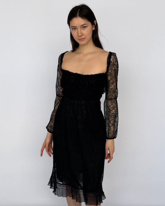 Prada black lace midi dress from early 2000s worn on model