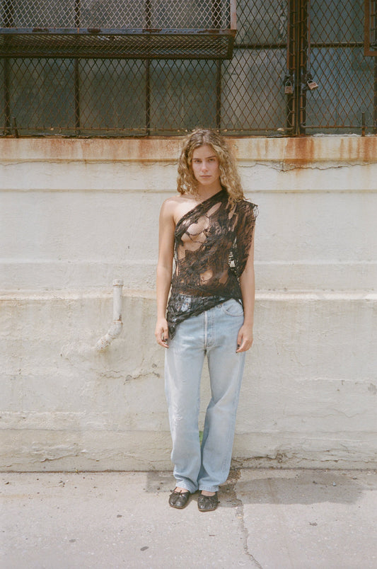 SAINT LAURENT ONE SHOULDER LACE TOP