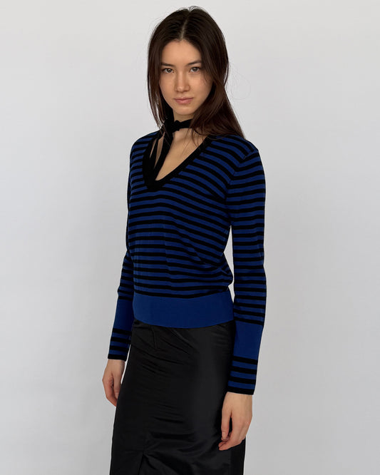 Side view of Back view of Sonia Rykiel Blue and Black Stripe Sweater