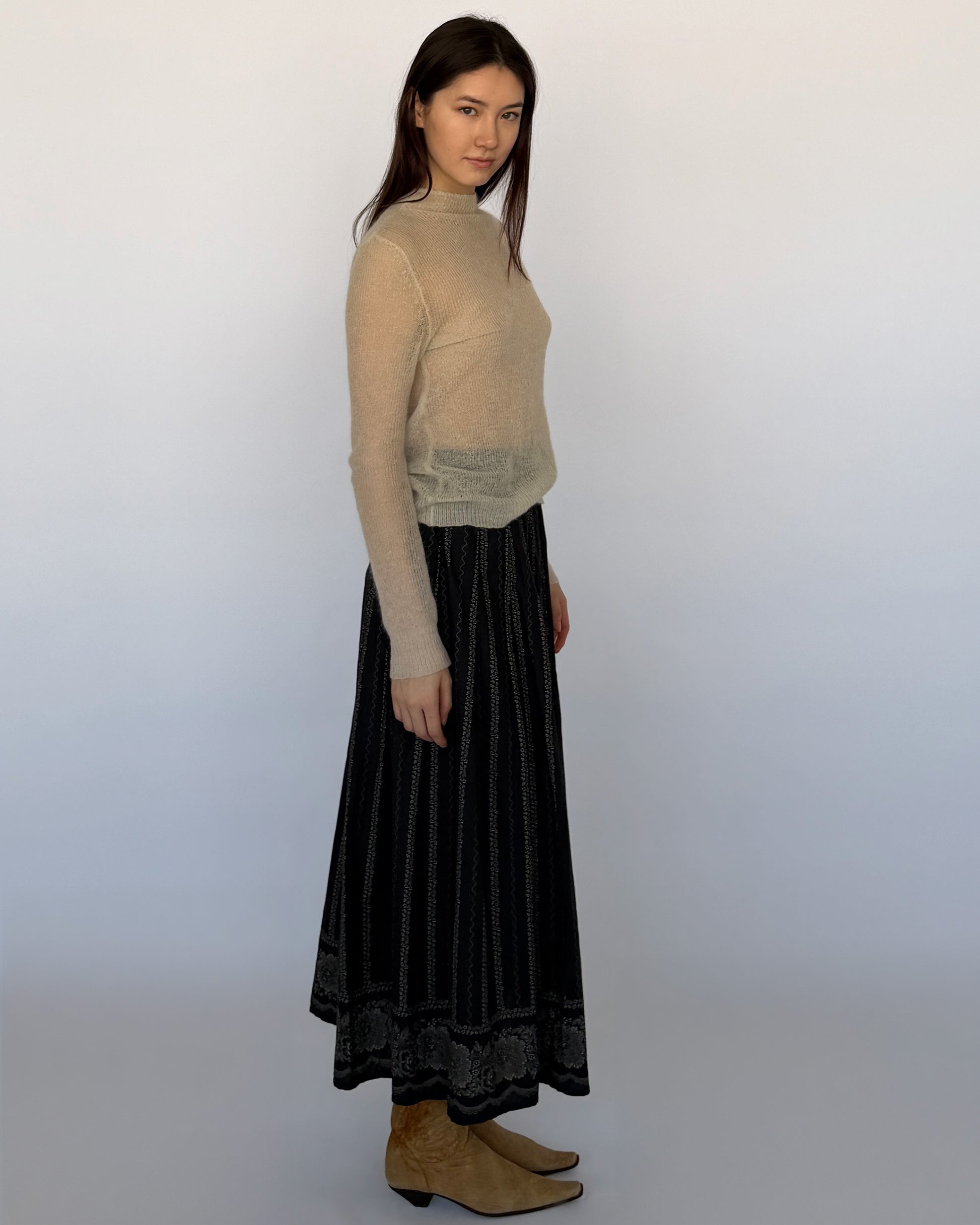 Side view of Agnès B. long cotton skirt