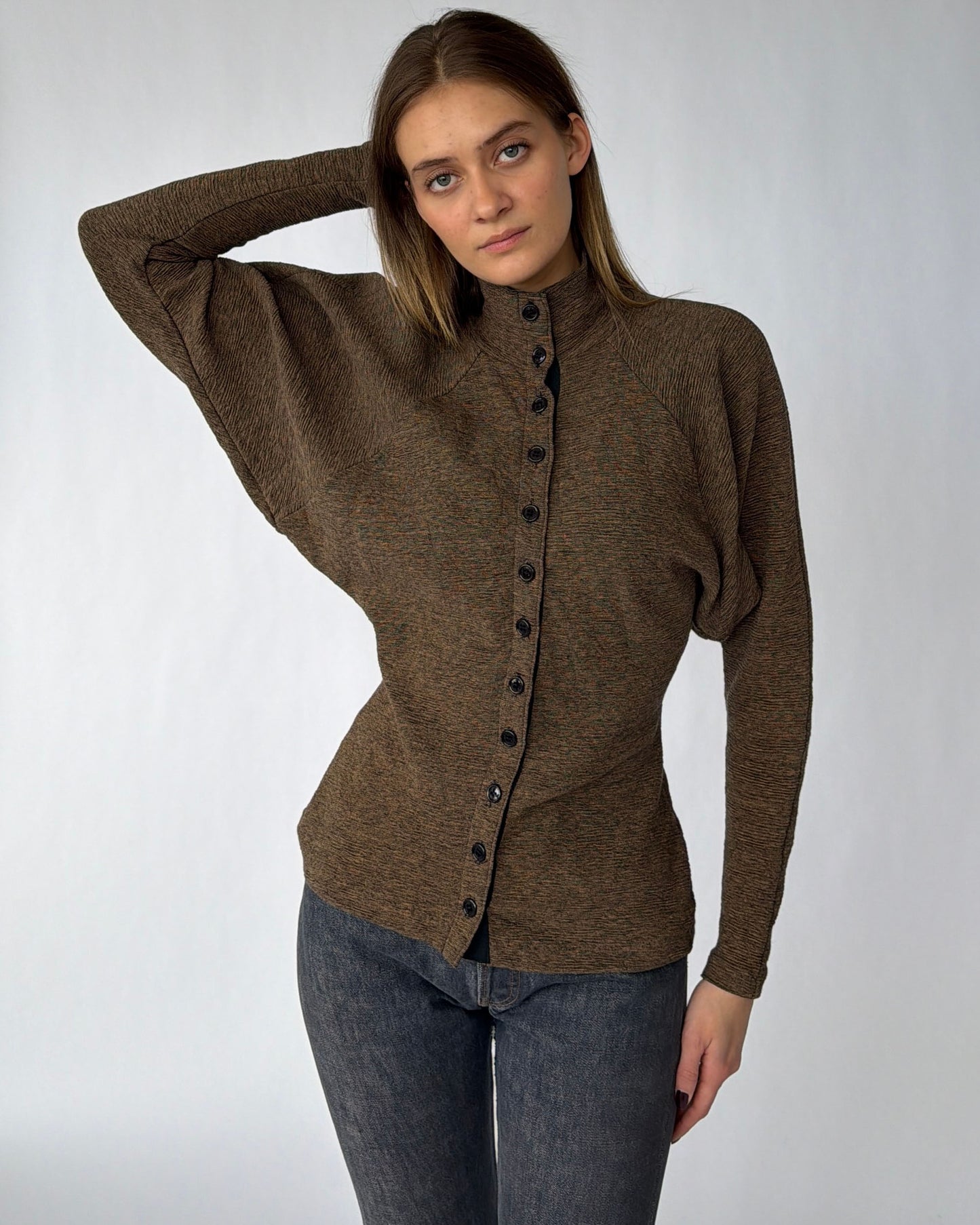 '80s Betsey Johnson Punk Label Long Sleeve Top with buttons worn on model