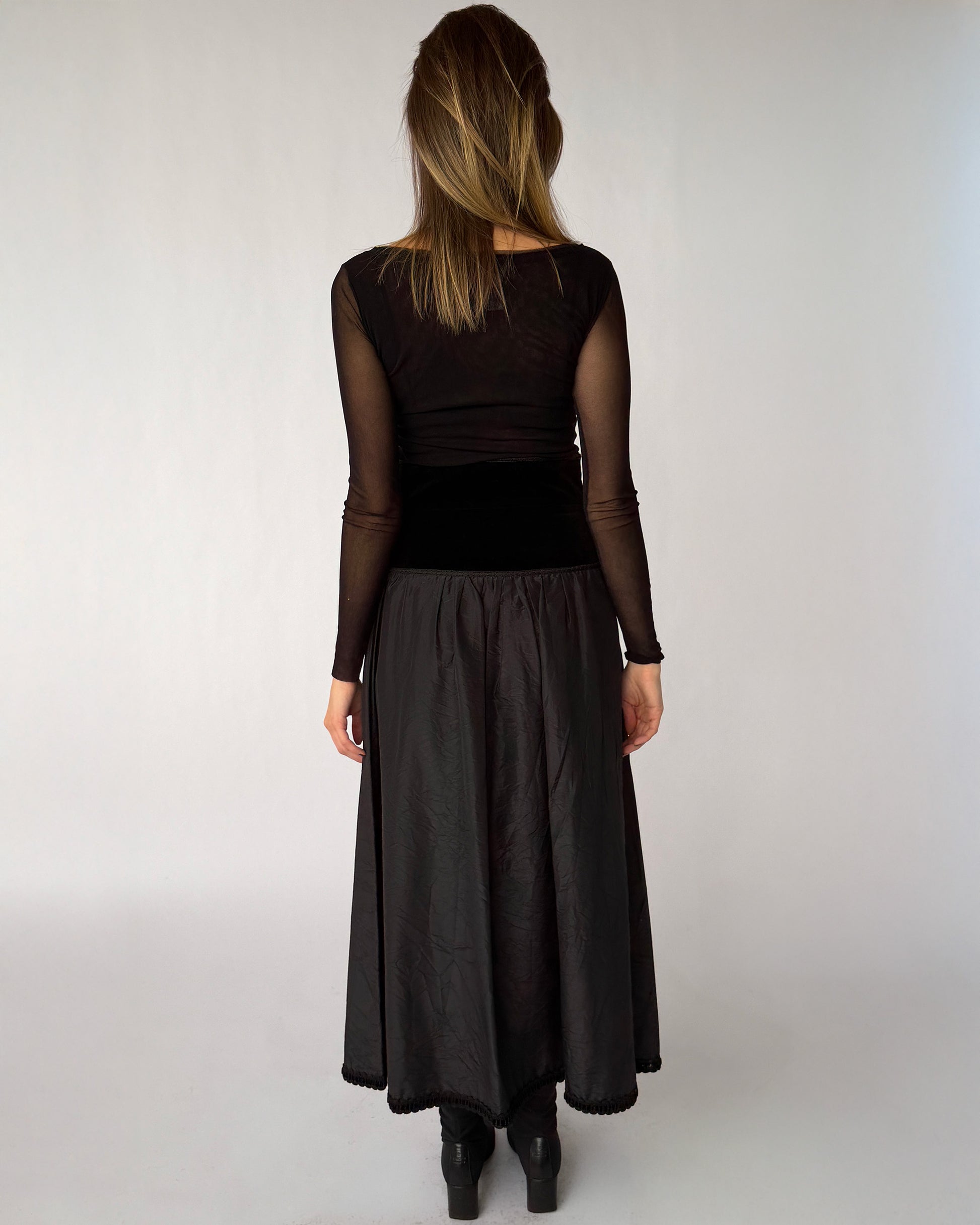 Back view of vintage '90s Blumarine silk and velvet maxi skirt