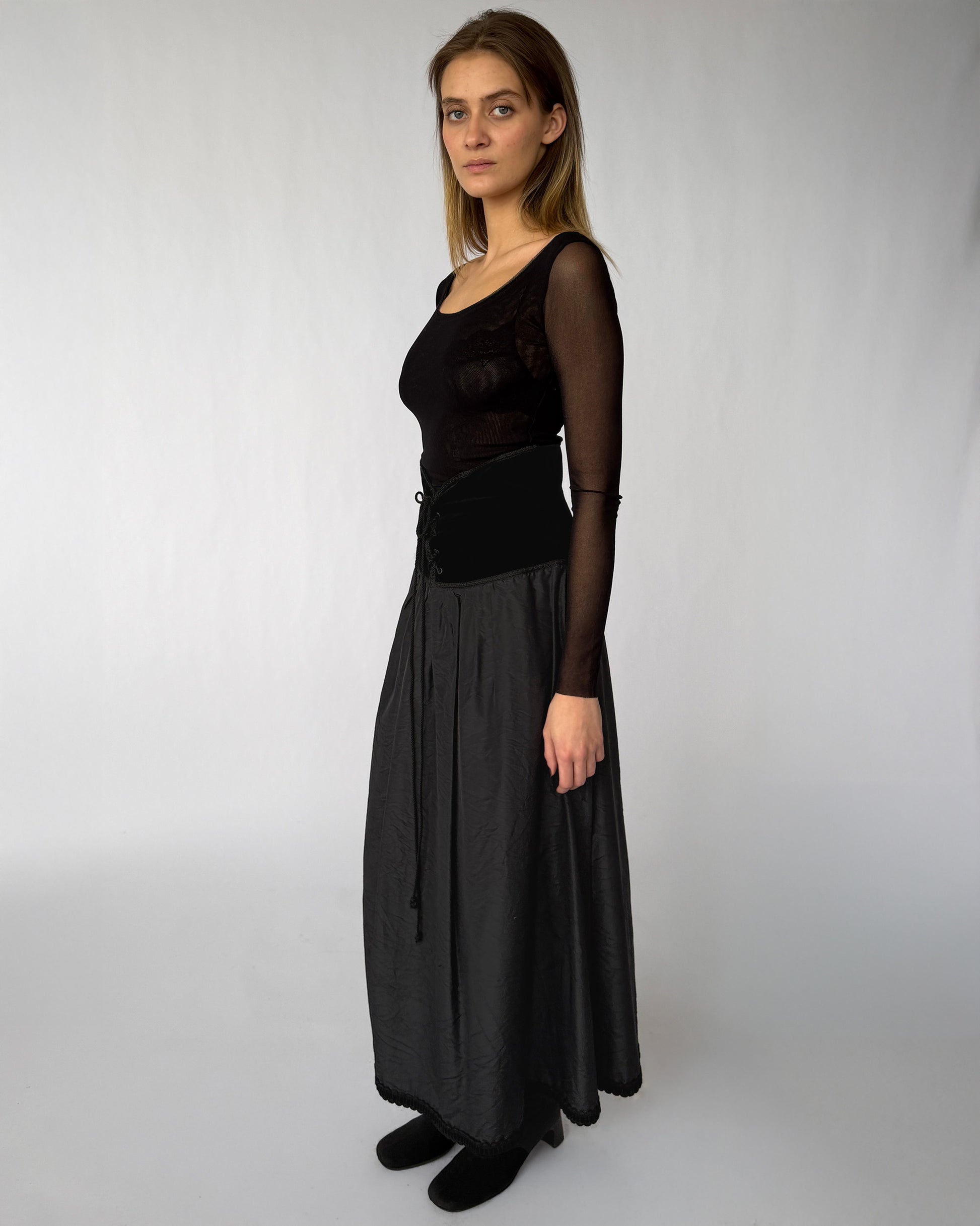 Side view of '90s Blumarine velvet and silk skirt with lace-up waist detail