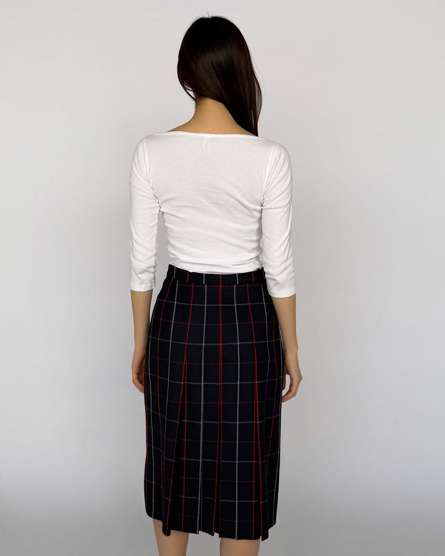Back view of Burberry Long Plaid Pleated Wool Skirt