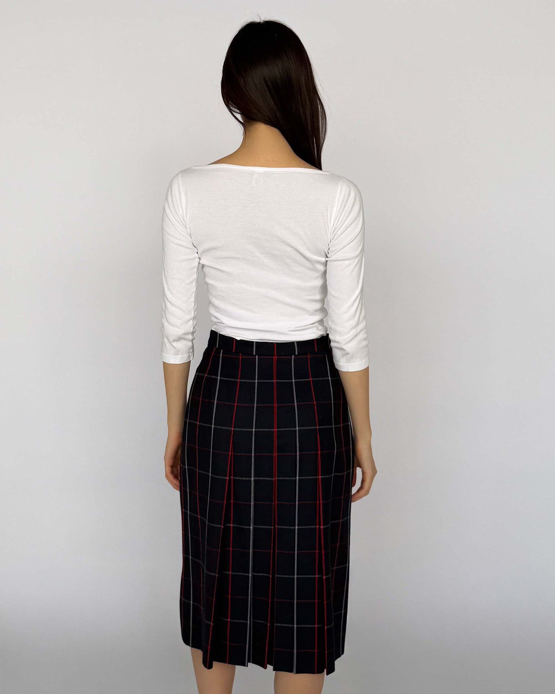 Back view of Burberry Long Plaid Pleated Wool Skirt