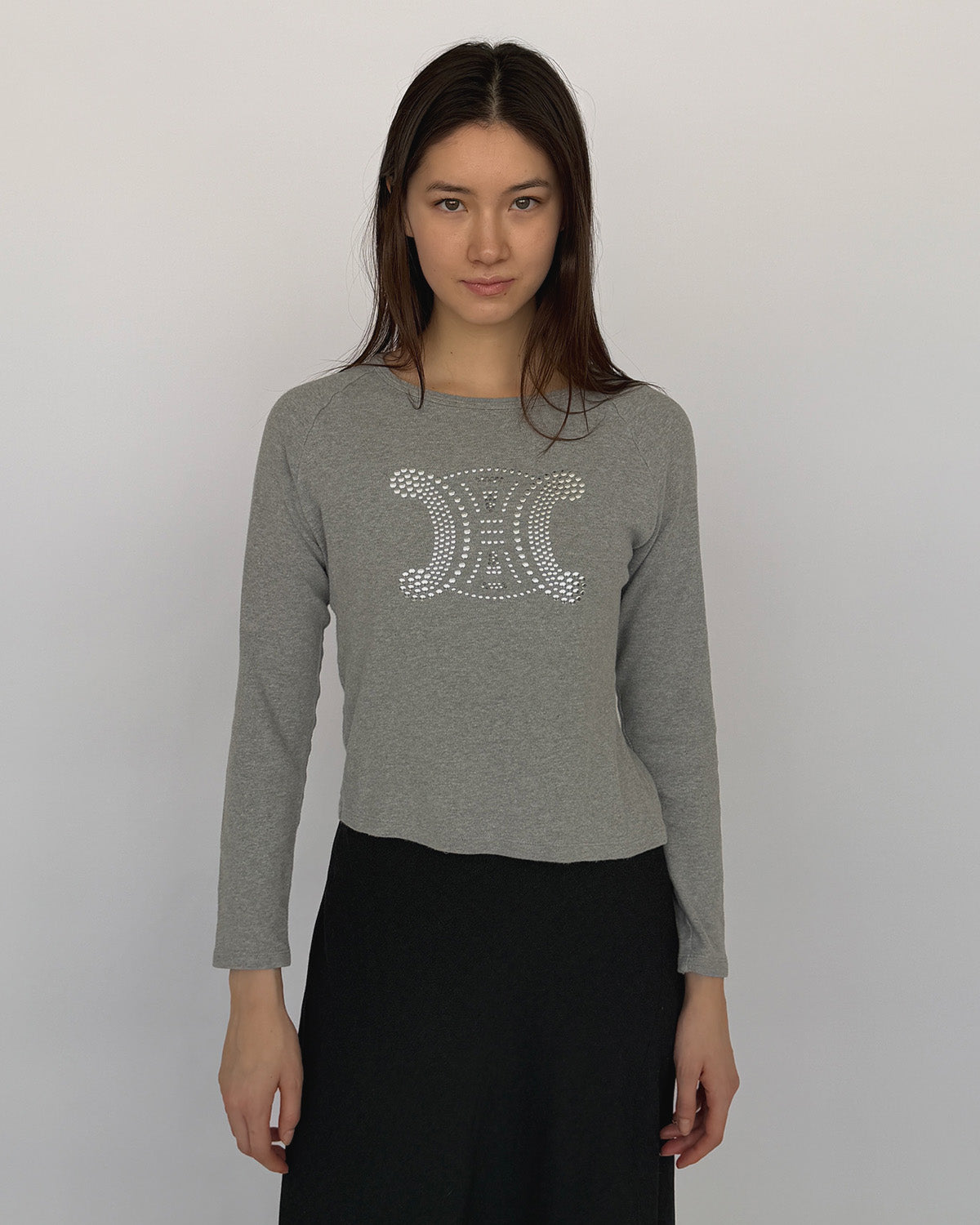 Early 2000s Celine long sleeve grey top with studded logo