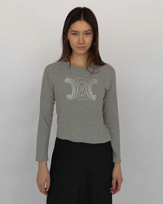 Early 2000s Celine long sleeve grey top with studded logo
