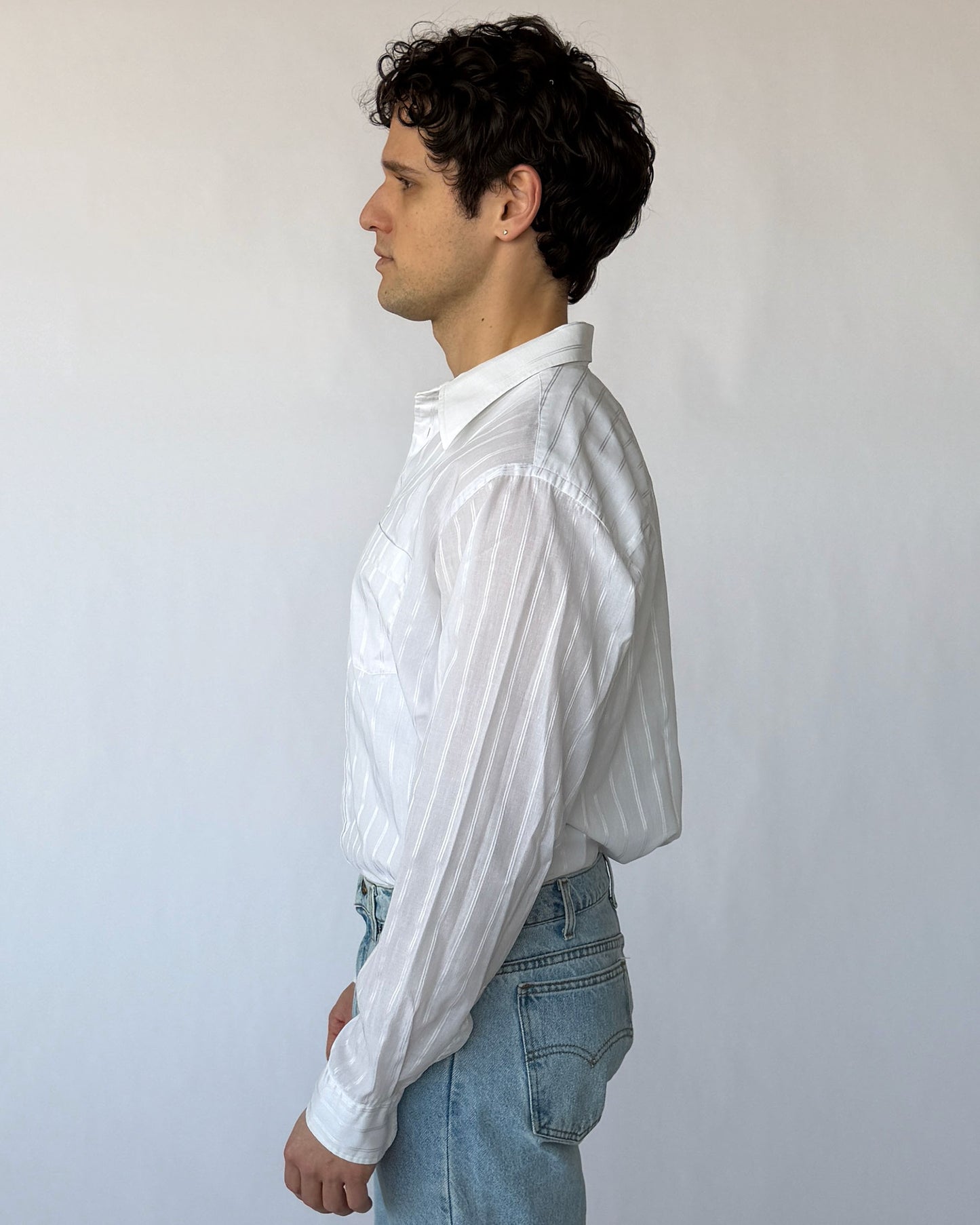 Side view of Christian Dior White Striped Button Up