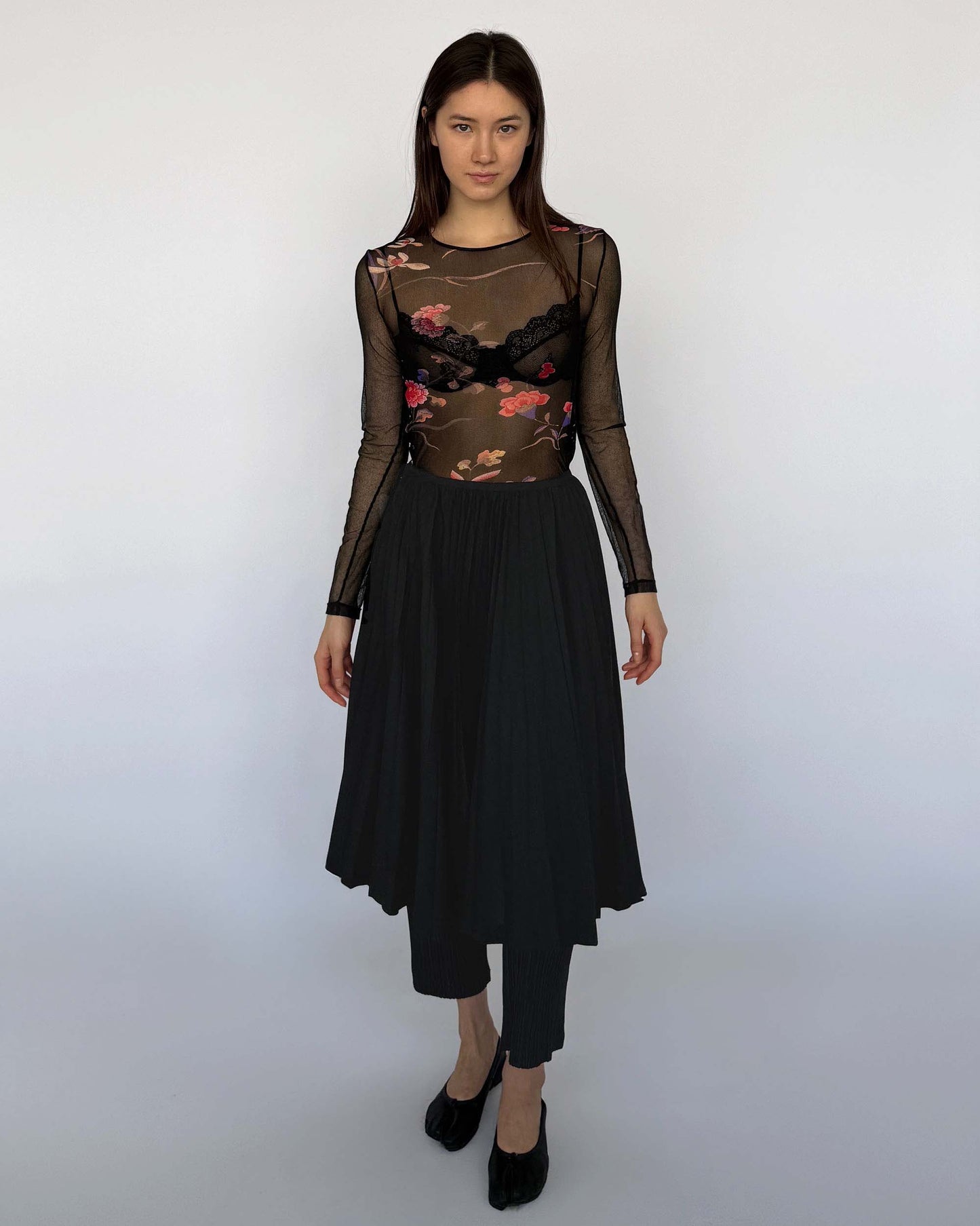 Comme des Garçon Black Wool Pleated Skirt on model