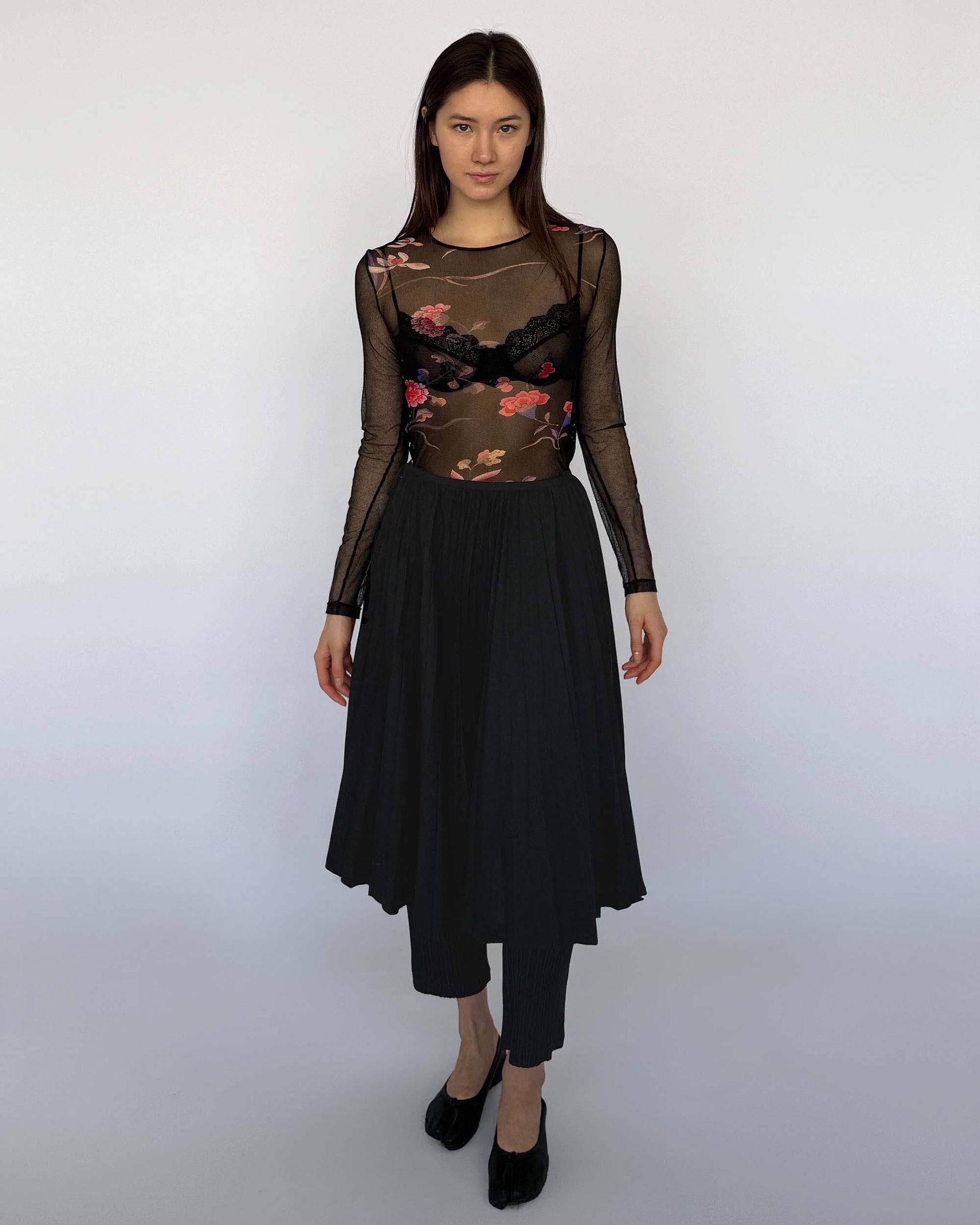 Comme des Garçon Black Wool Pleated Skirt on model