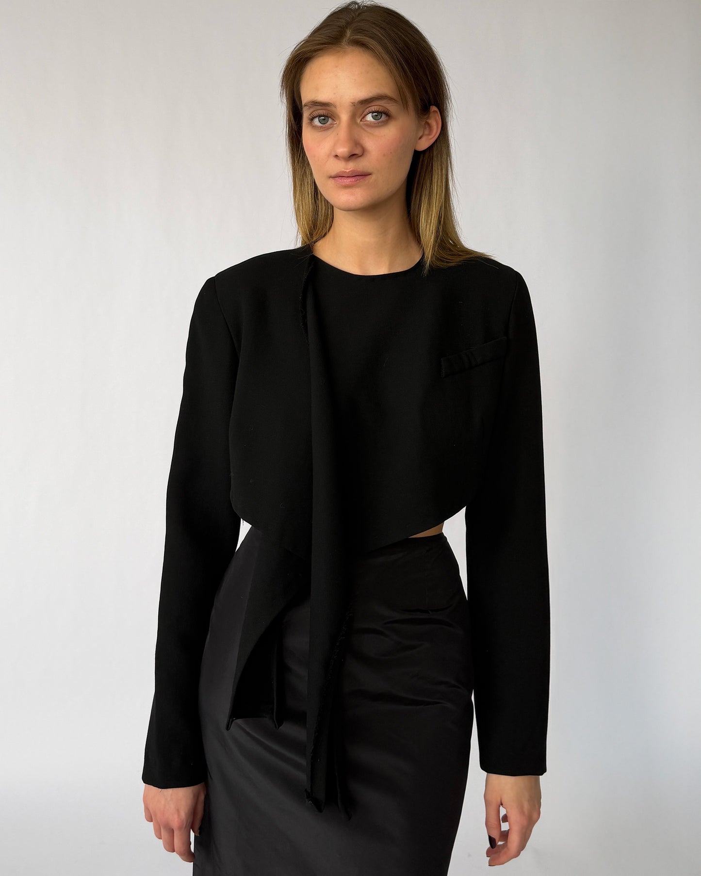 Vintage Donna Karan one of one sample blazer with raw hem worn on model