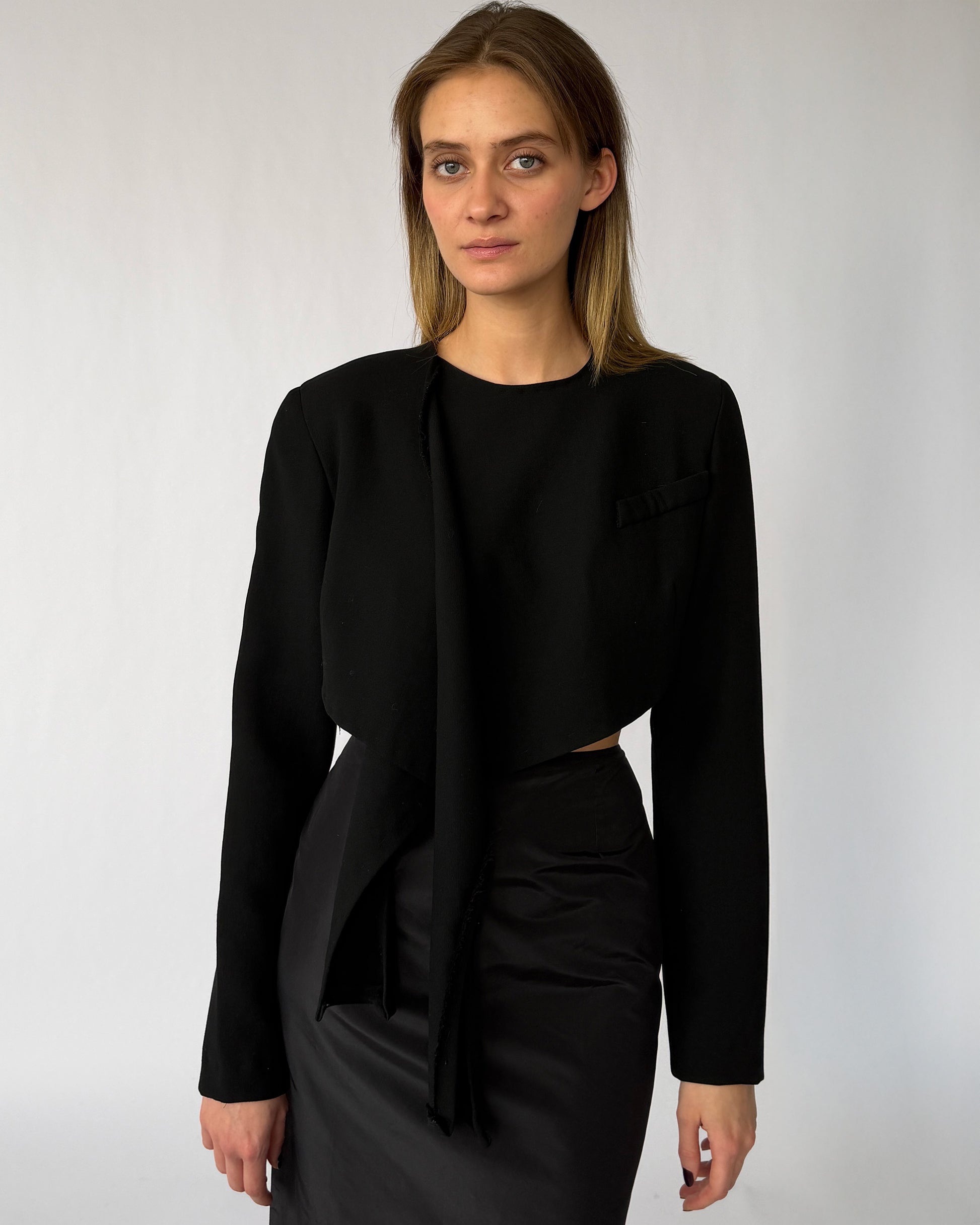 Vintage Donna Karan one of one sample blazer with raw hem worn on model