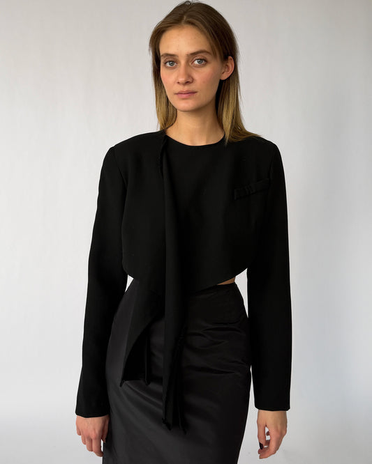 Vintage Donna Karan one of one sample blazer with raw hem worn on model