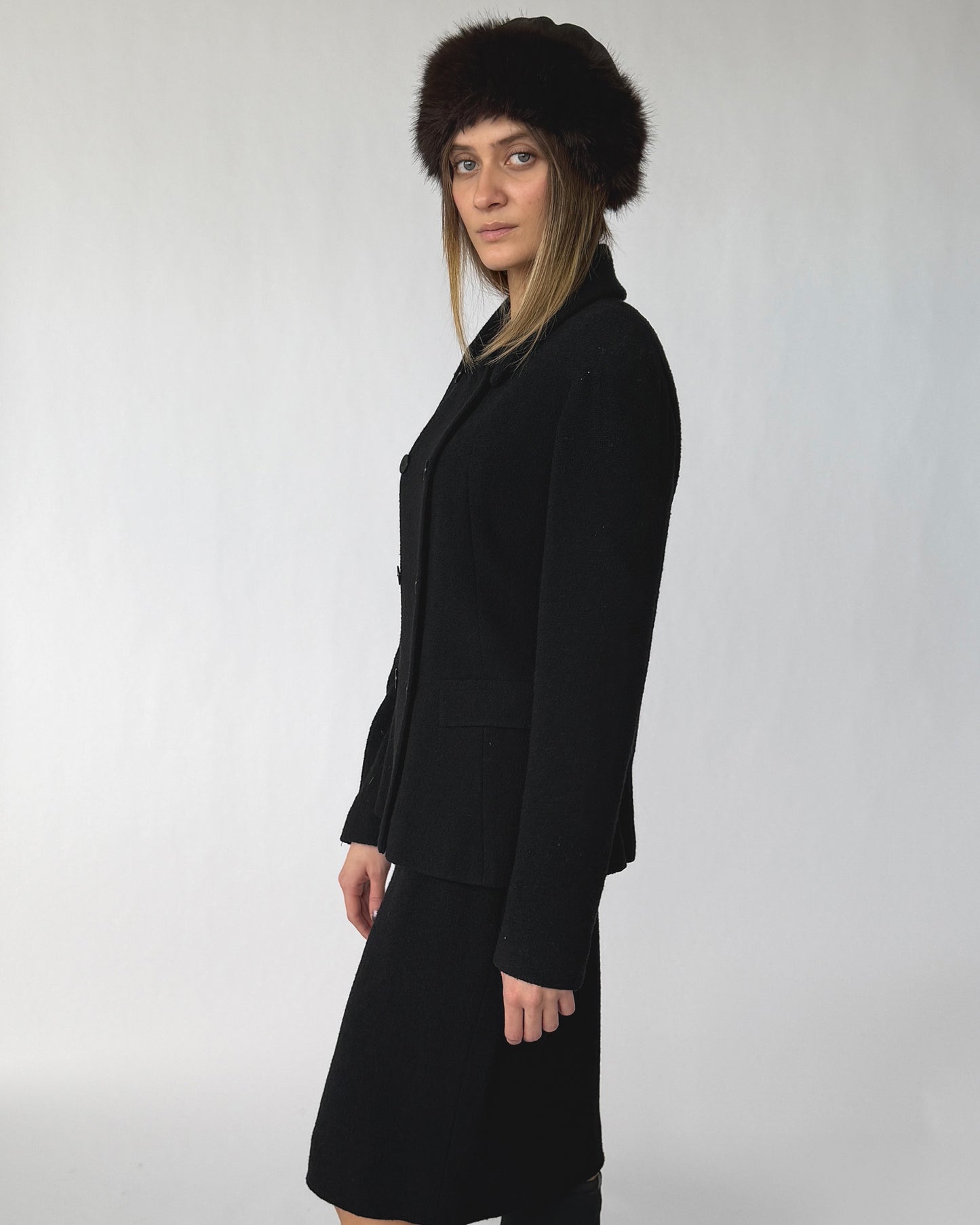 Side view of vintage Donna Karan wool skirt suit set