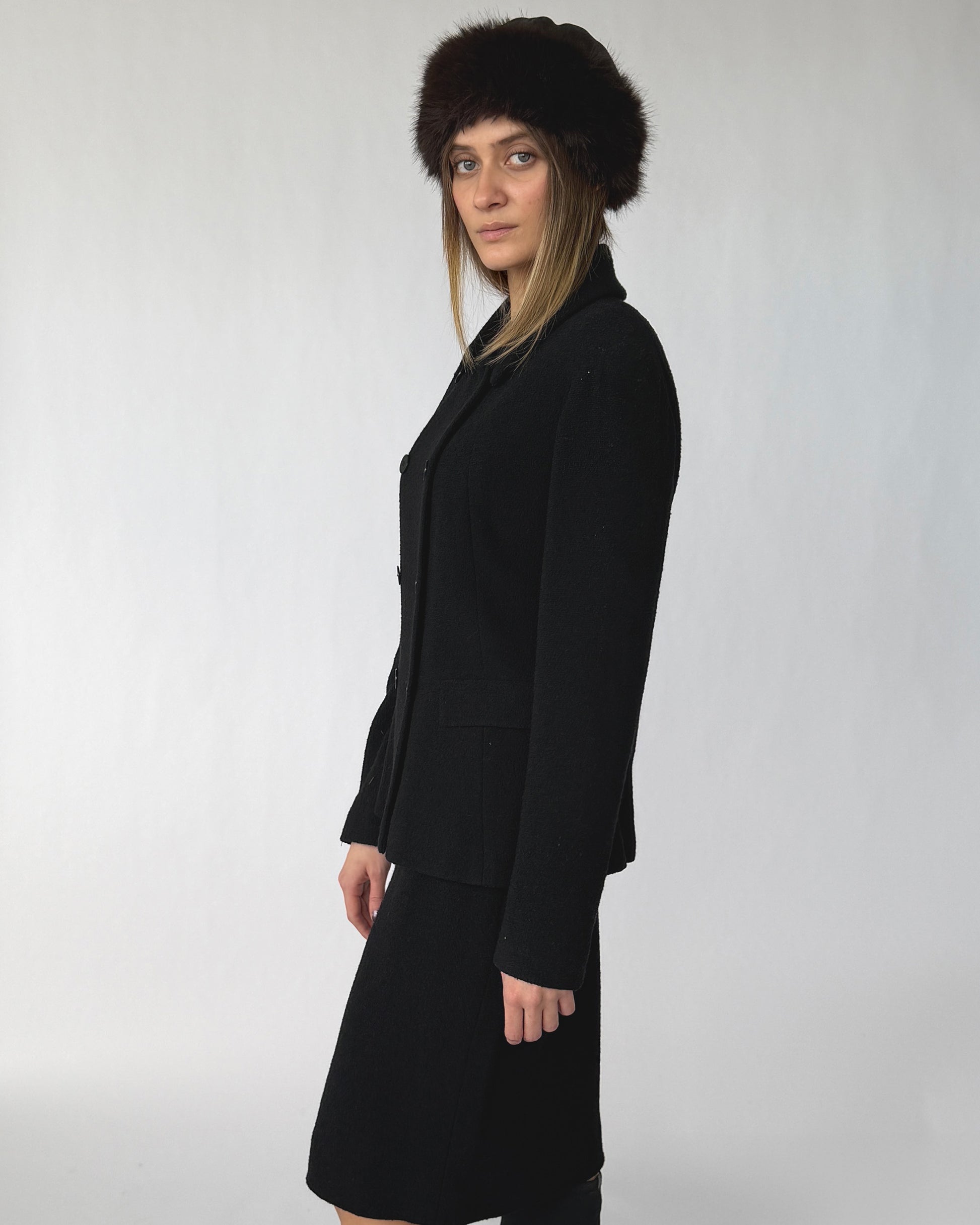 Side view of vintage Donna Karan wool skirt suit set