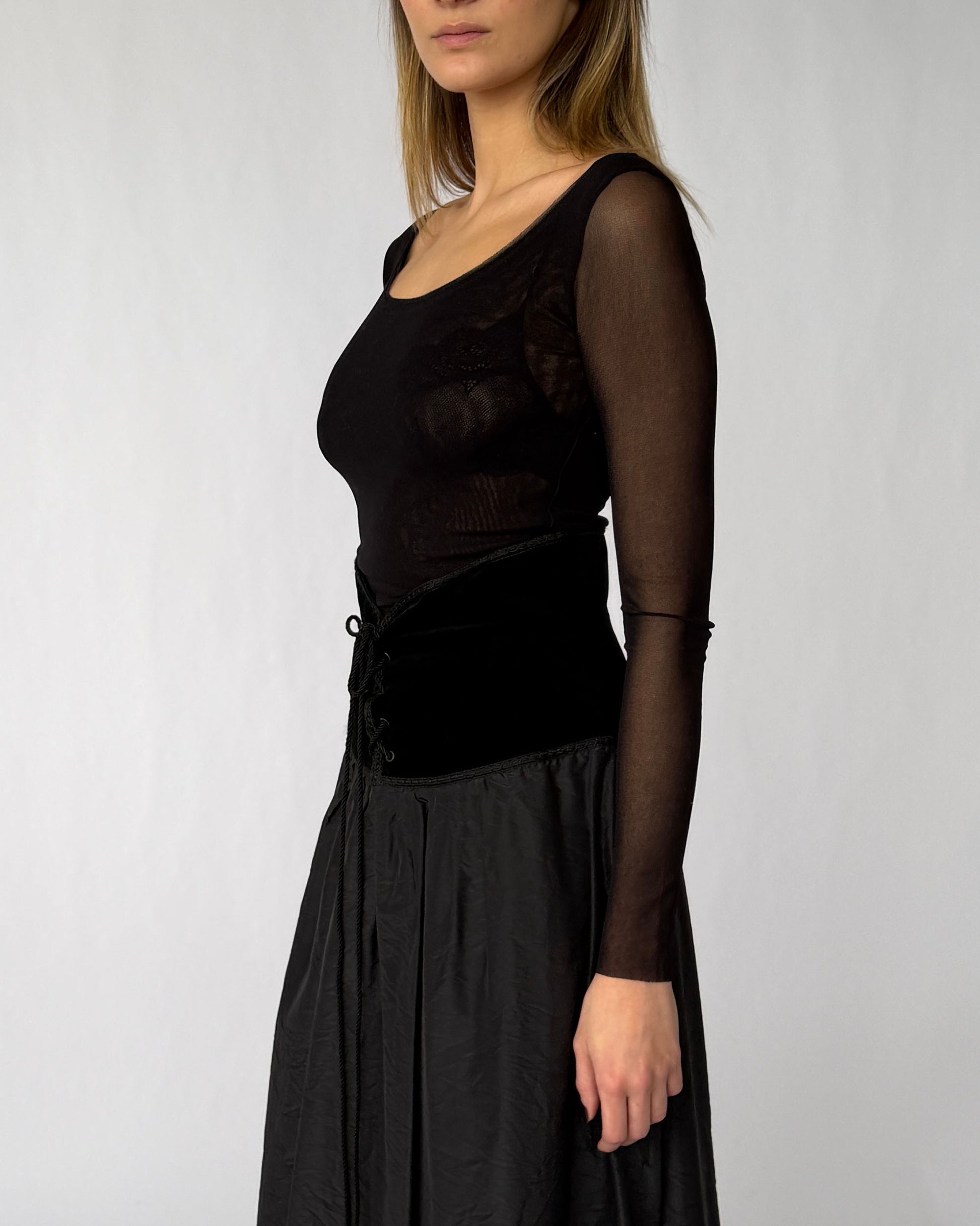 Side view of vintage Fuzzi long sleeve mesh top