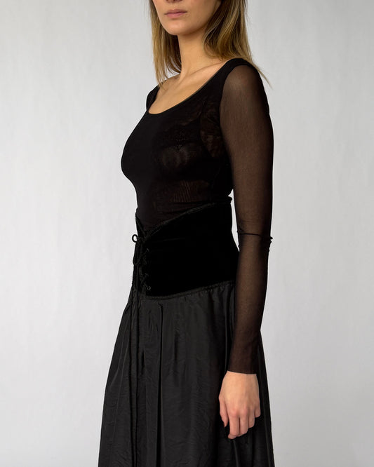 Side view of vintage Fuzzi long sleeve mesh top