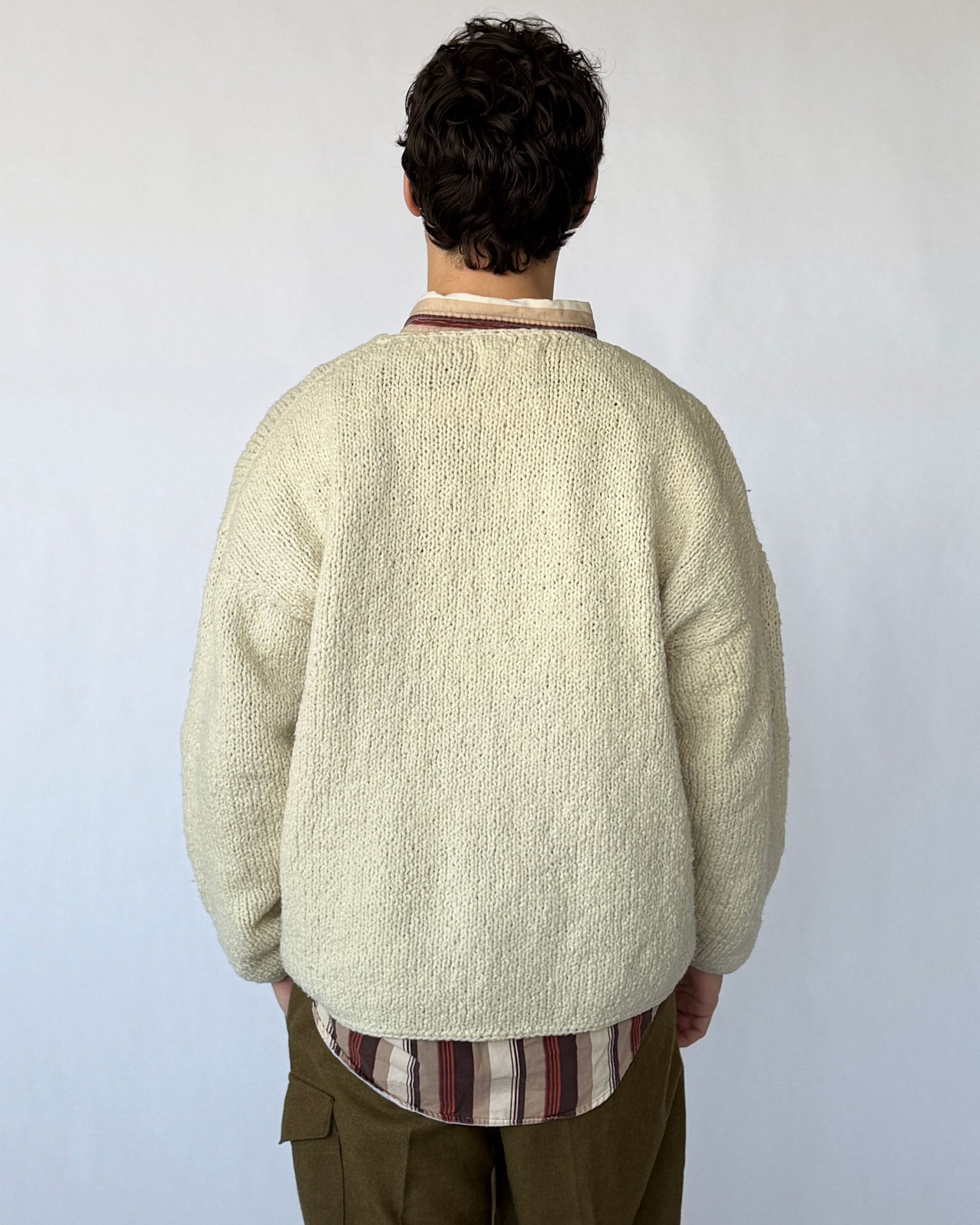Back view of vintage Frantic white lambswool sweater with bamboo buttons