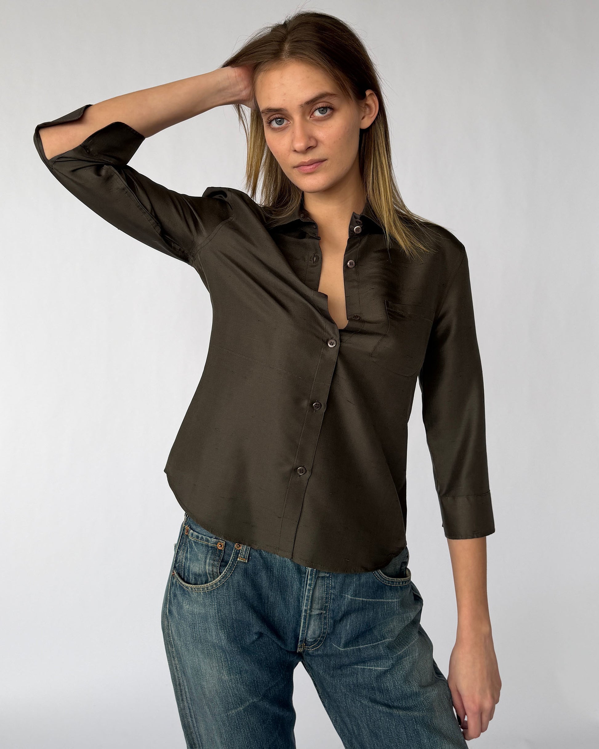 Vintage Giorgio Armani Three Quarter Sleeve Silk Button Down worn on model