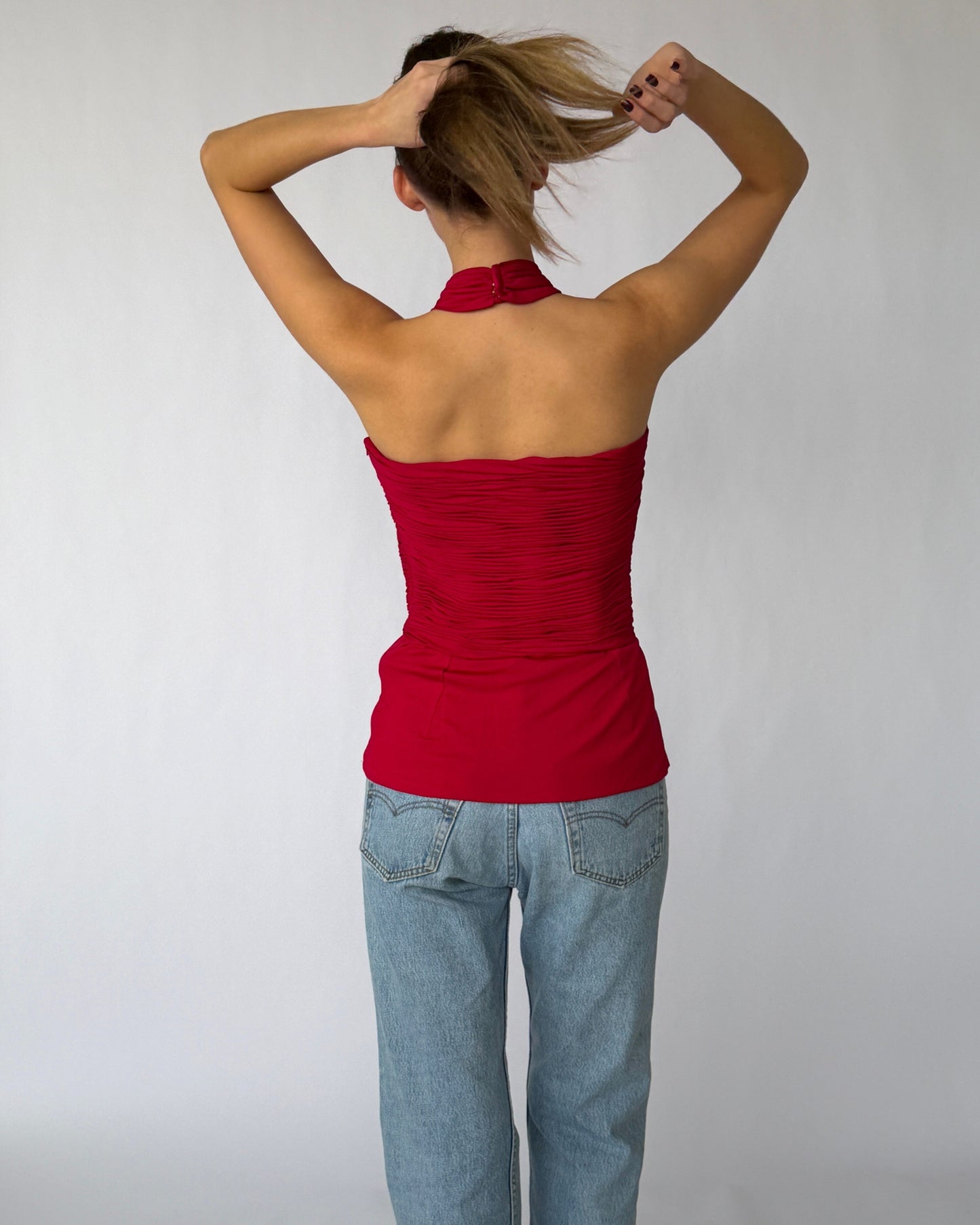 Back view of vintage Gucci corset top with ruched bodice