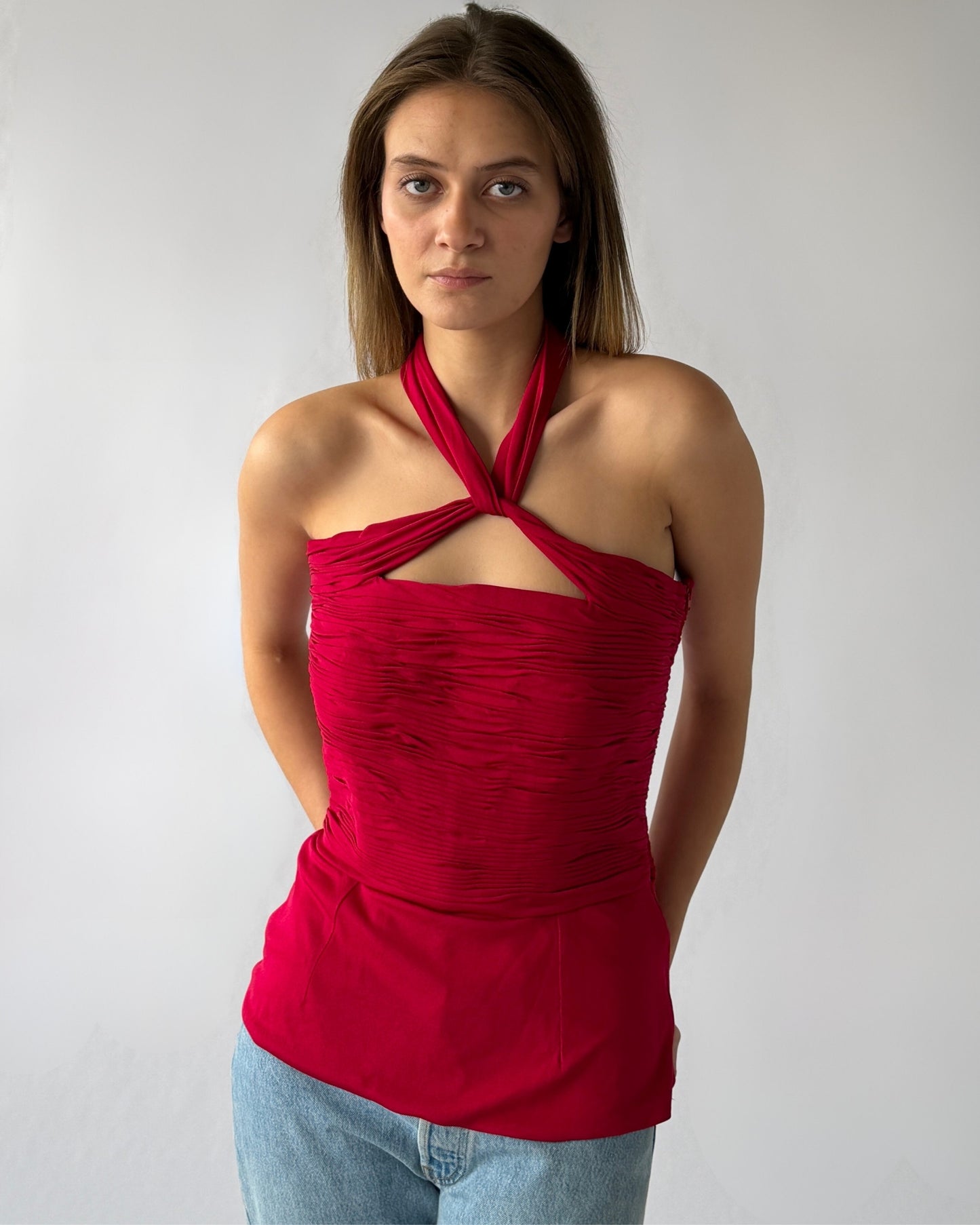 Close up view of vintage Gucci corset with ruched bodice