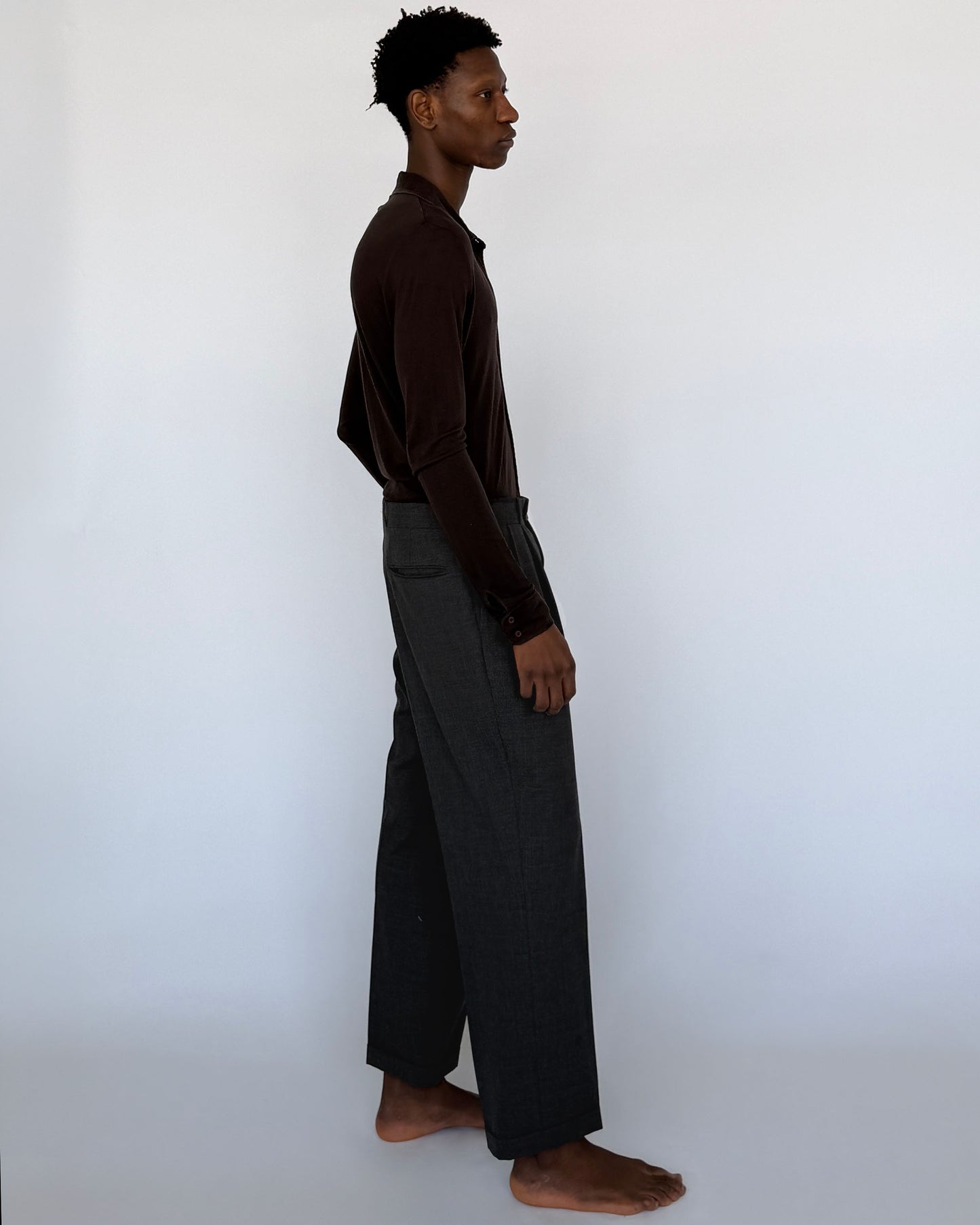 Side view of men's vintage Grey Pleated Wool Trousers