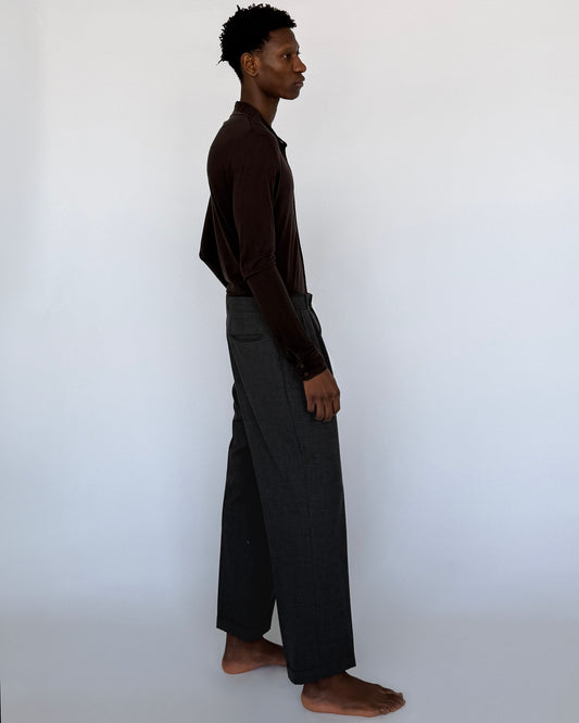 Side view of men's vintage Grey Pleated Wool Trousers
