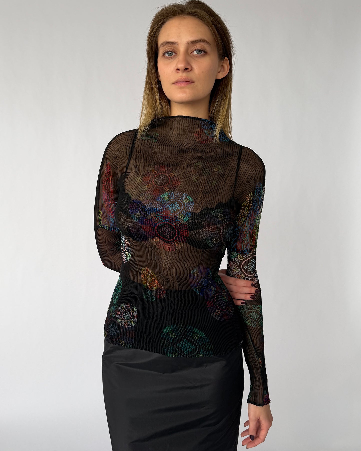 Issey Miyake Fete Collection Long-Sleeve Sheer Blouse featured on model