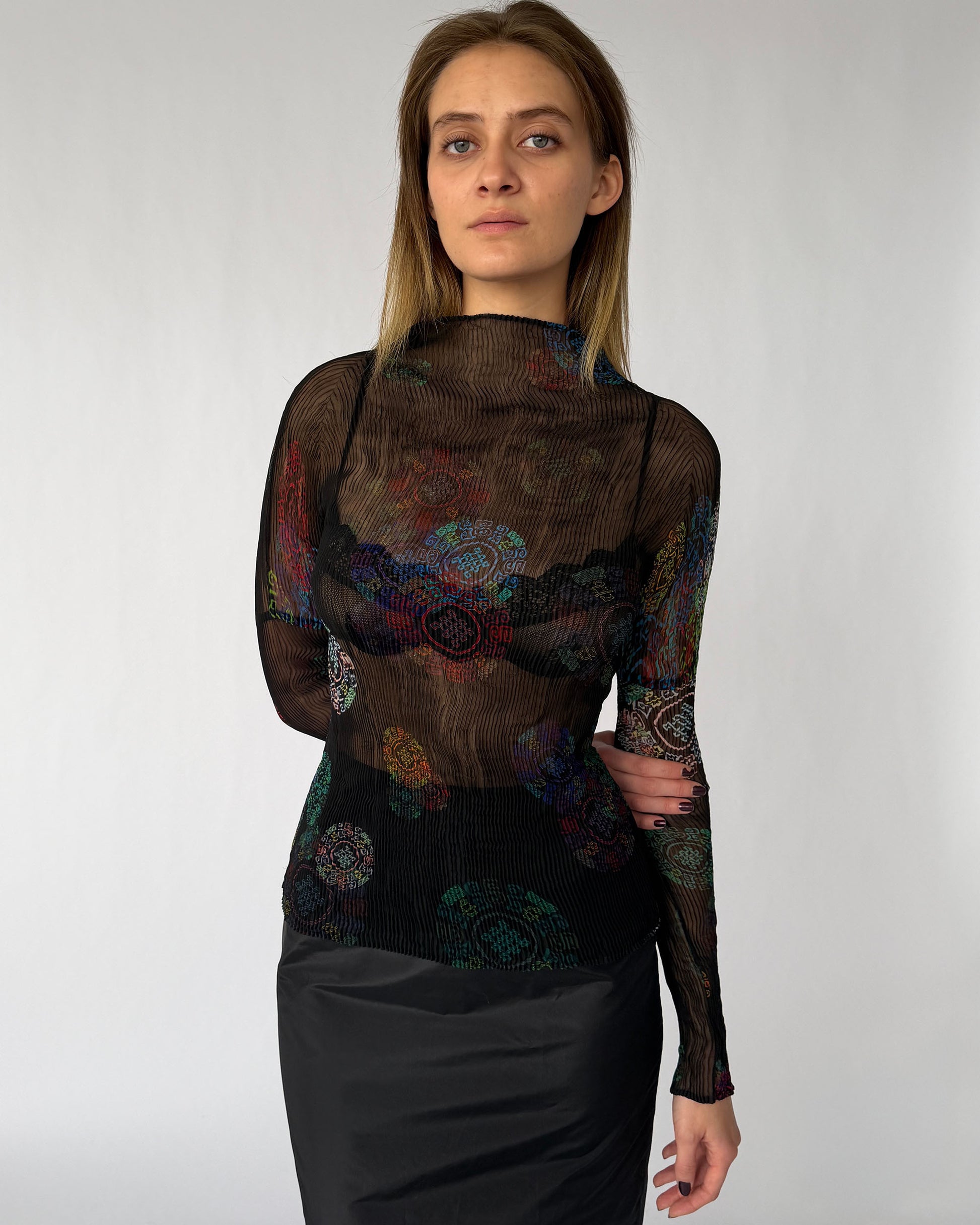 Issey Miyake Fete Collection Long-Sleeve Sheer Blouse featured on model
