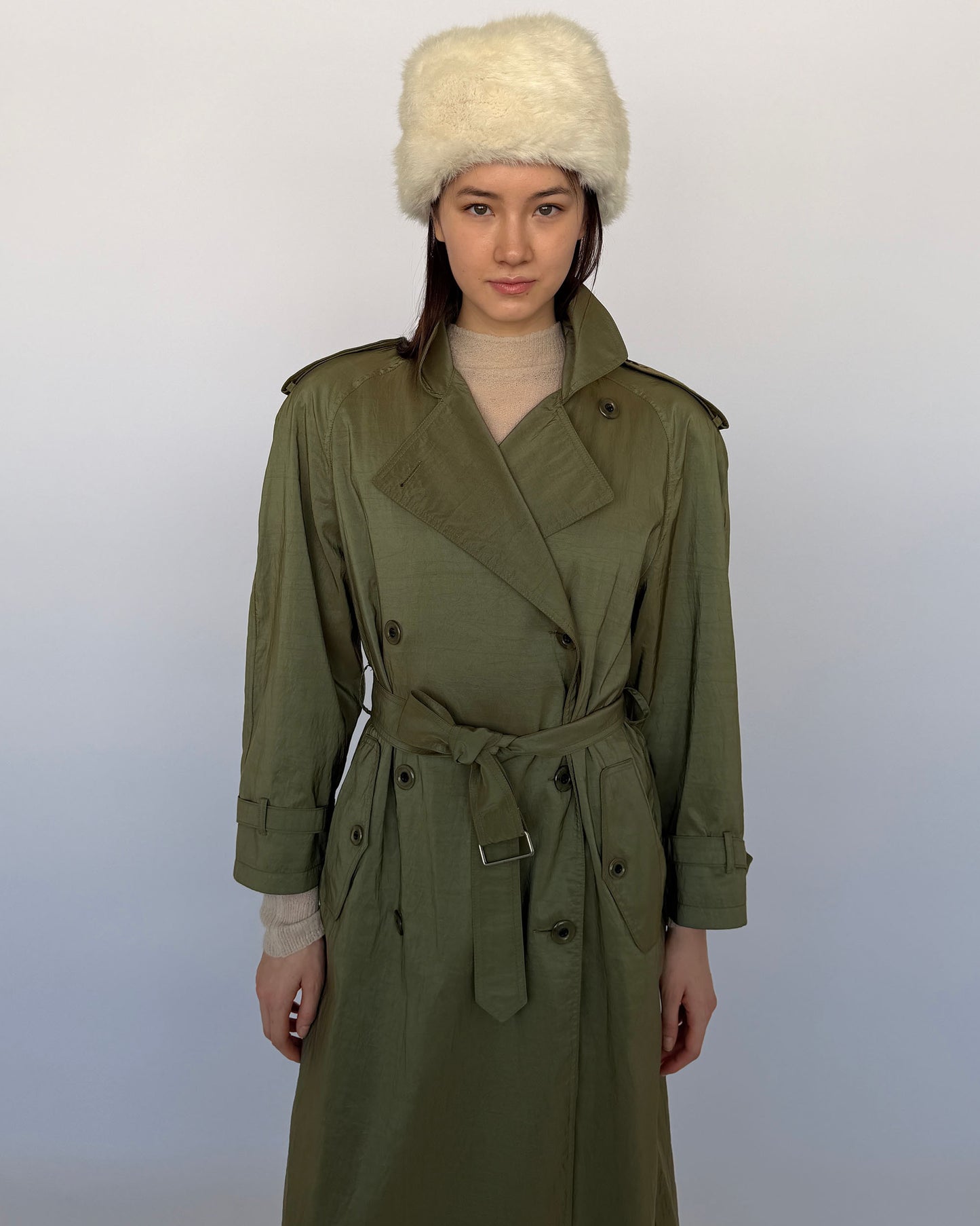 Jones New York iridescent green belted trench coat on model