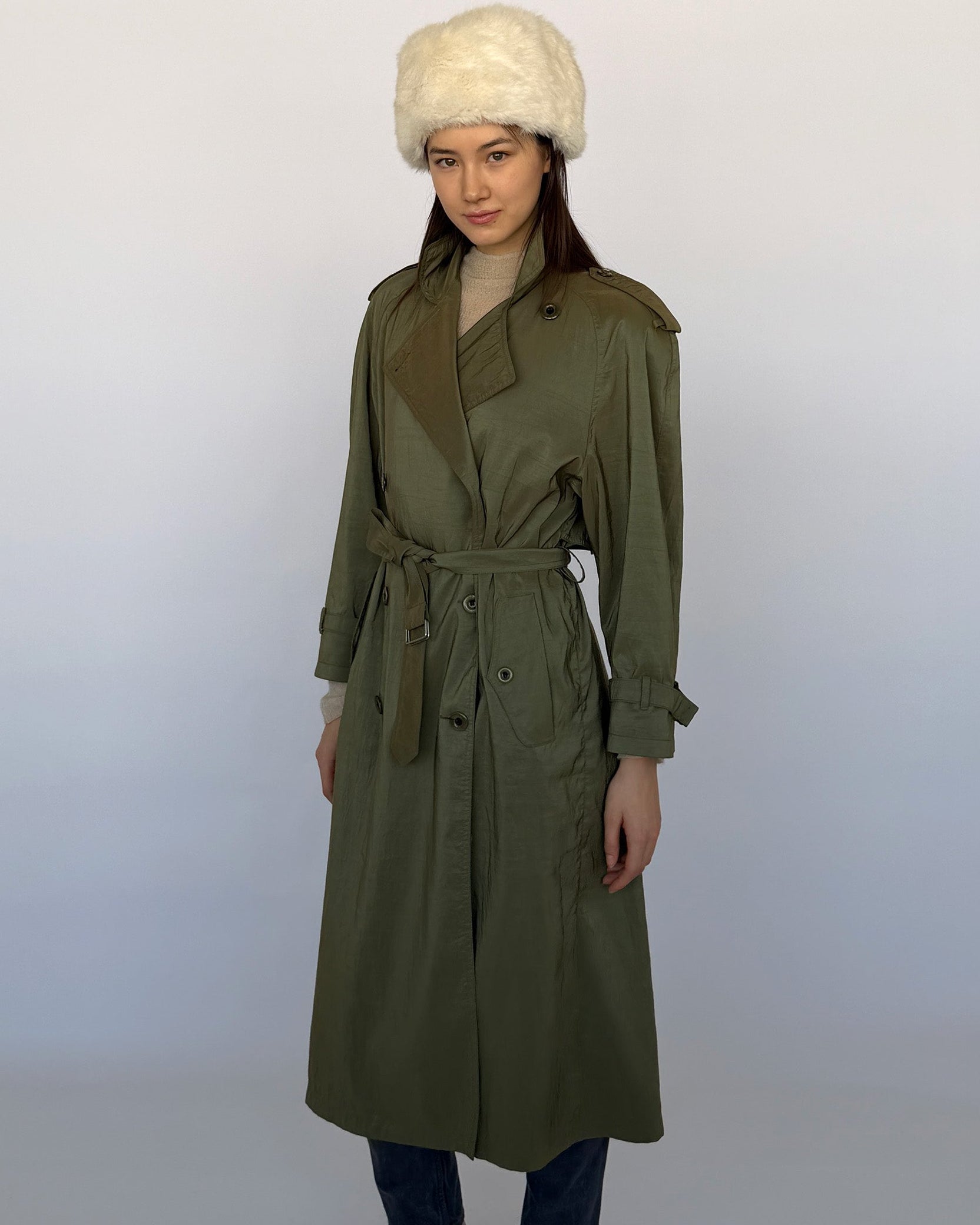 Jones New York iridescent green belted trench coat