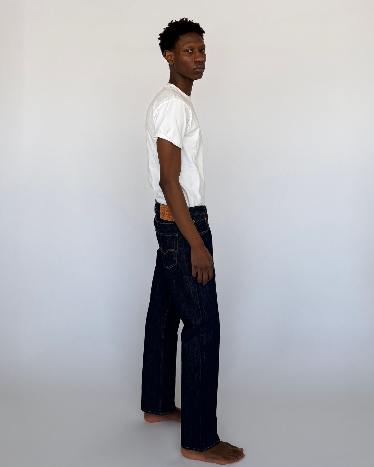Side view of raw indigo vintage Levi's 501