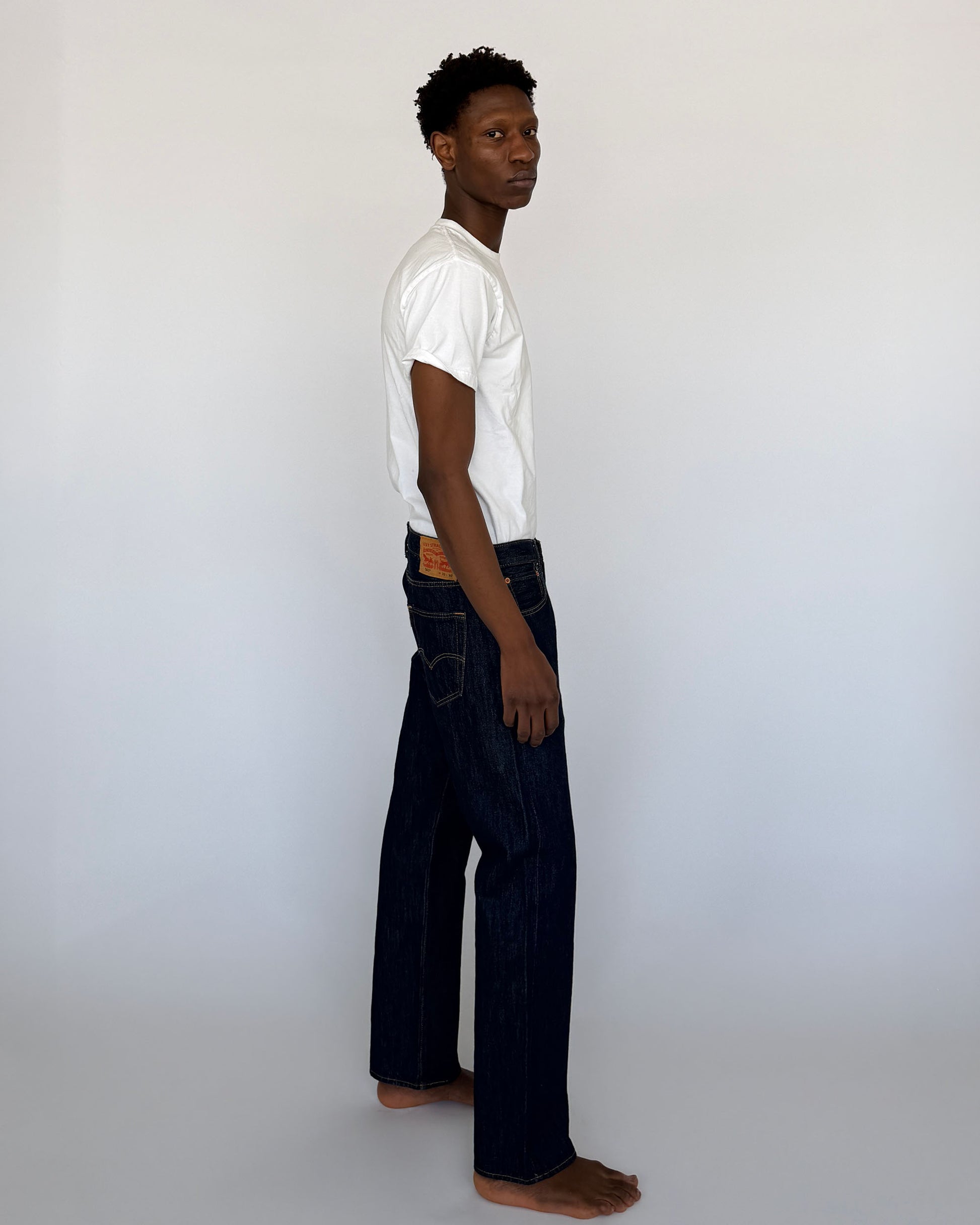 Side view of raw indigo vintage Levi's 501
