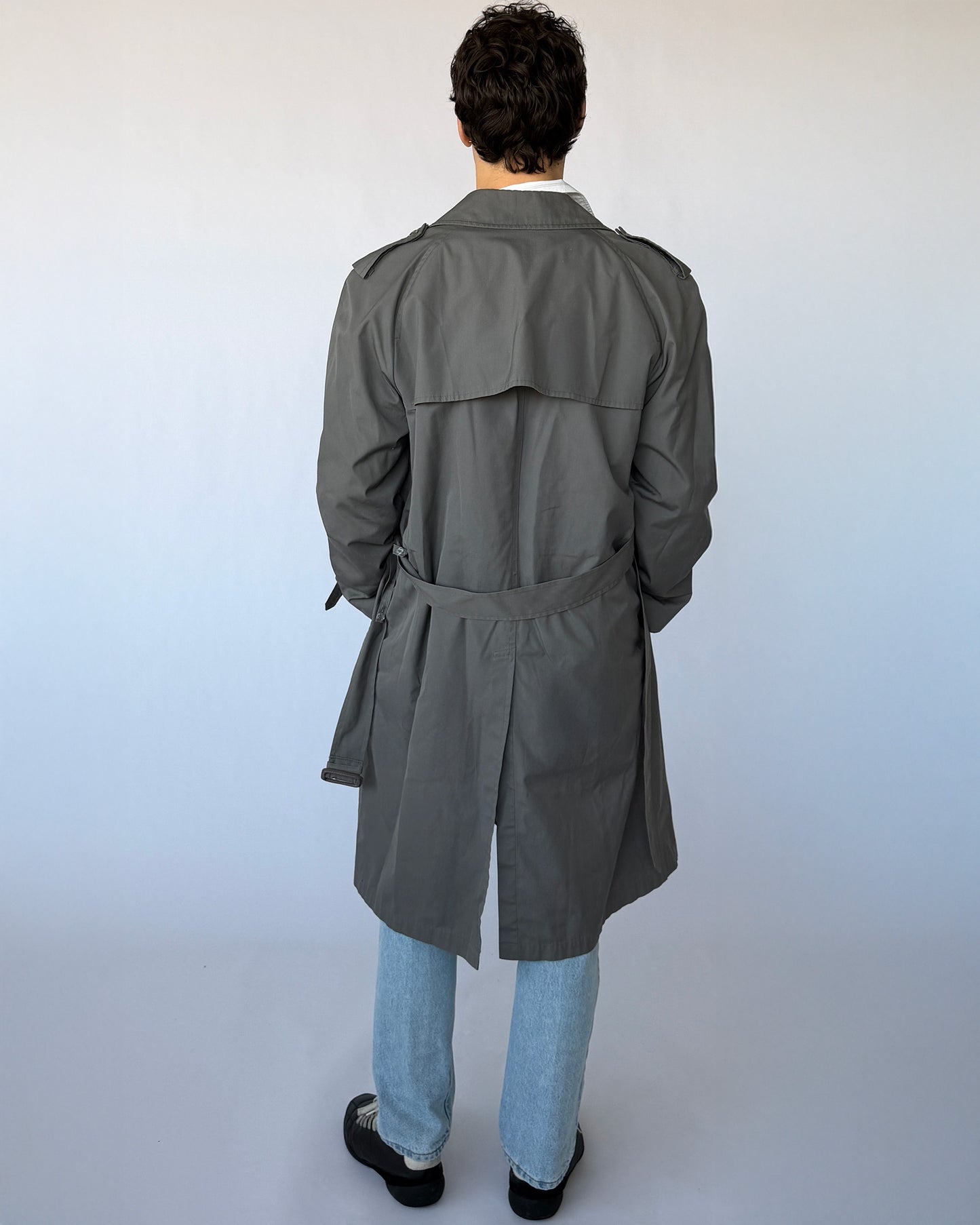 Back view of vintage London Fog grey trench coat