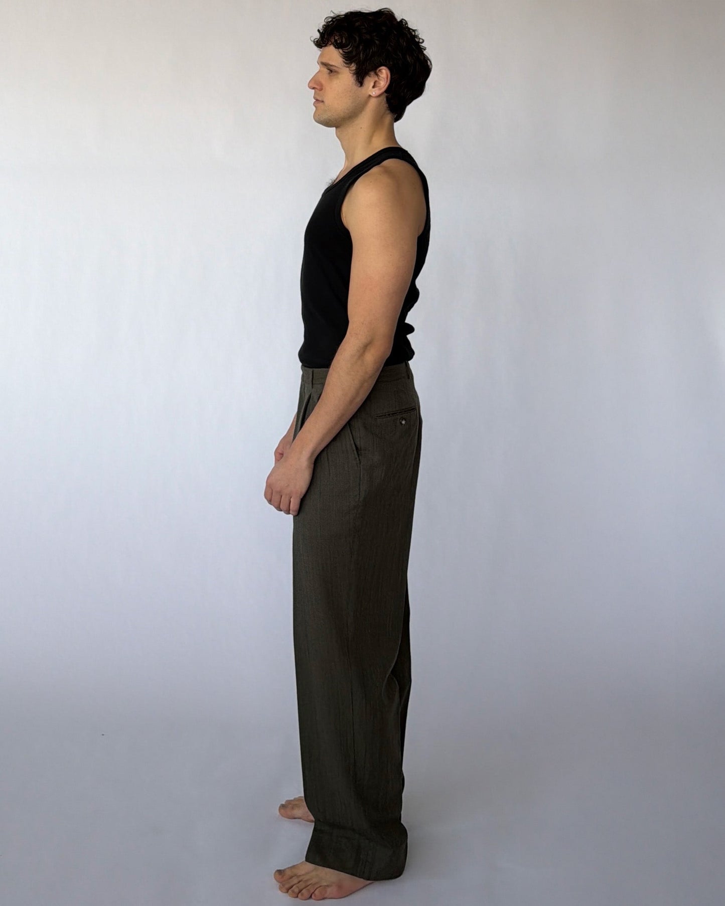 Side view of Vintage Men's Grey Wool Pleated Trousers