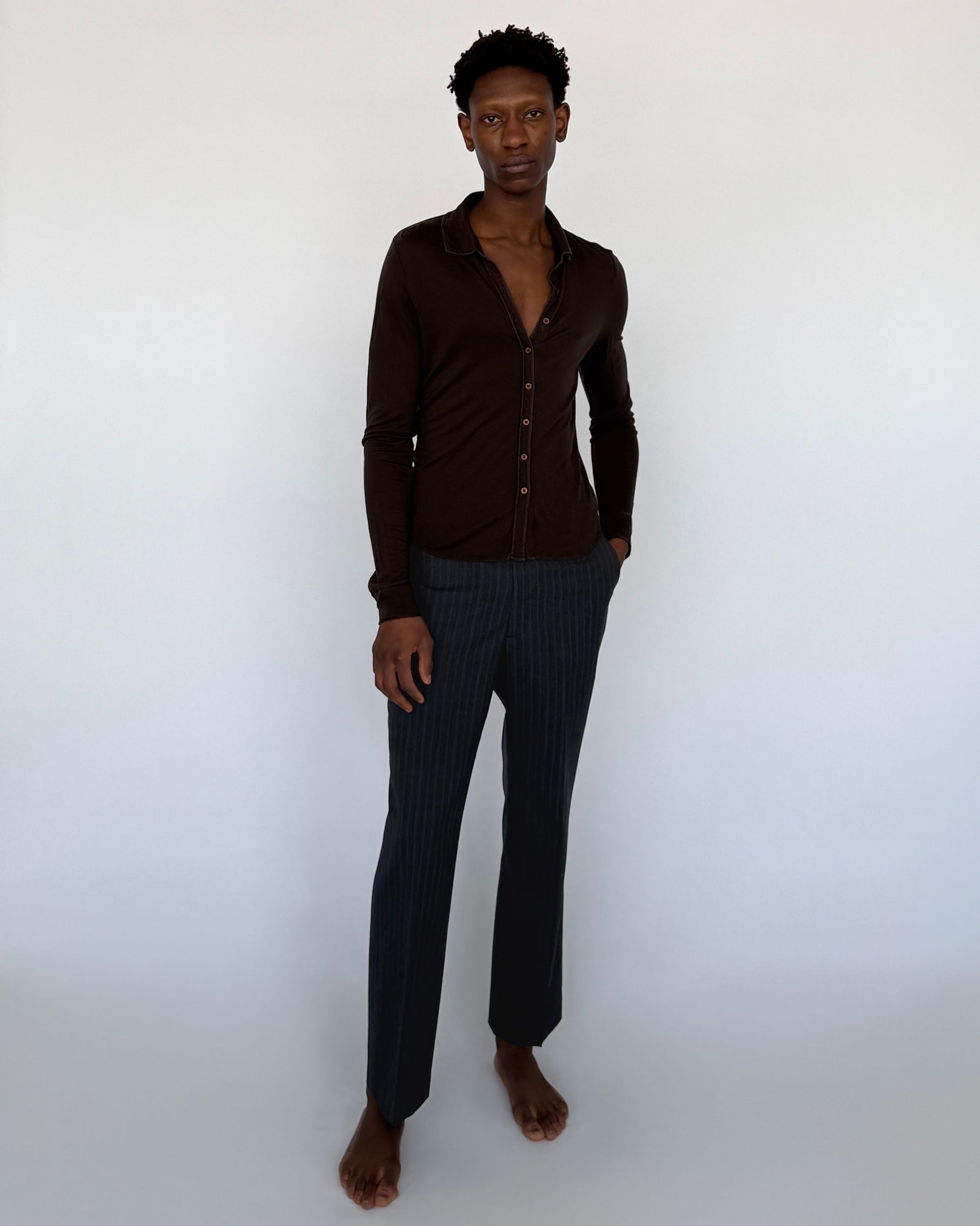 Vintage Navy Pinstripe Wool Trousers on model