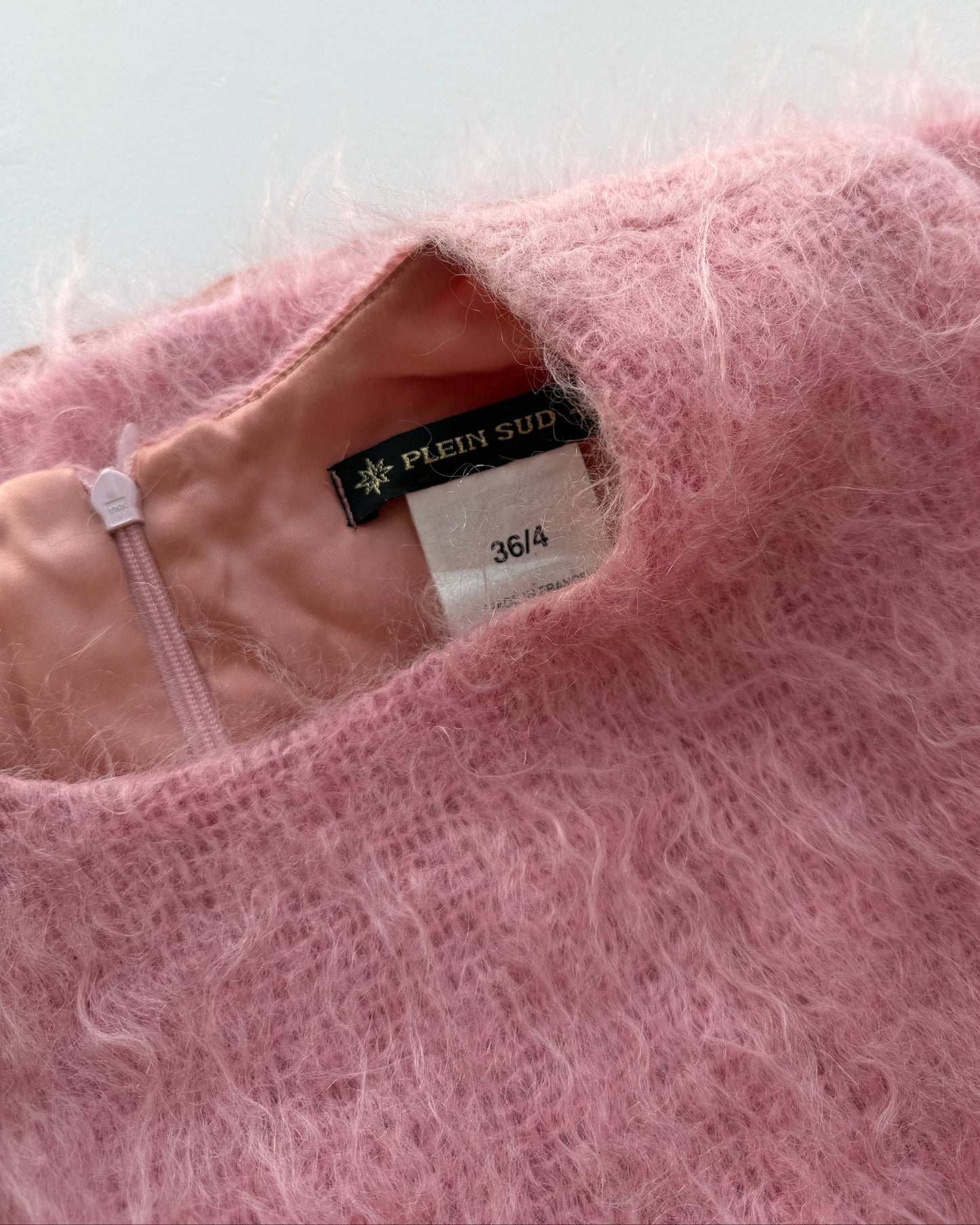 Plein Sud label on vintage pink mohair dress