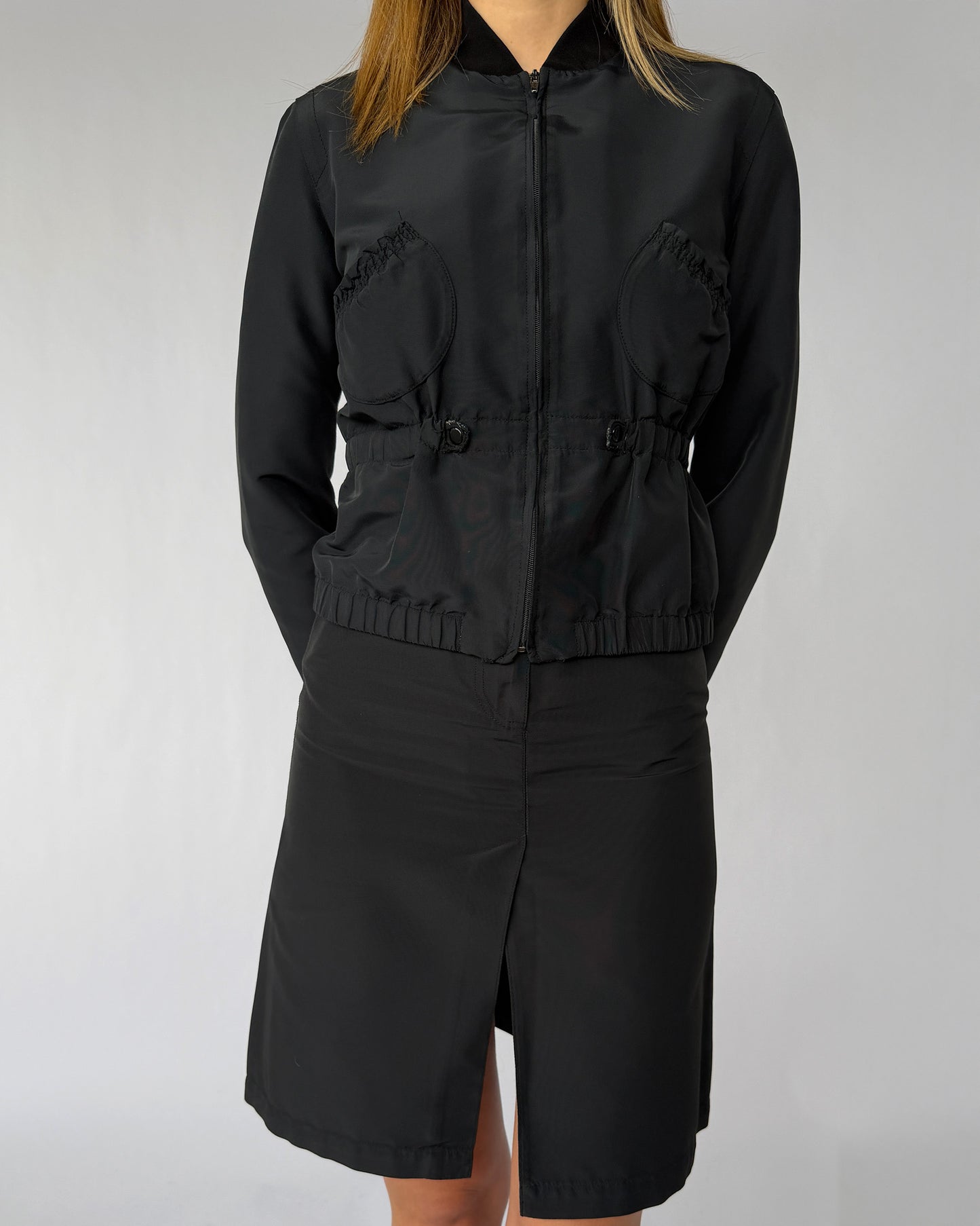 Close up view of vintage Plein Sud Nylon Skirt & Jacket set