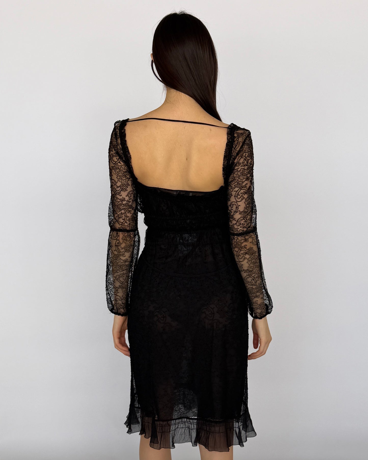 Back view of Prada black lace midi dress from early 2000s